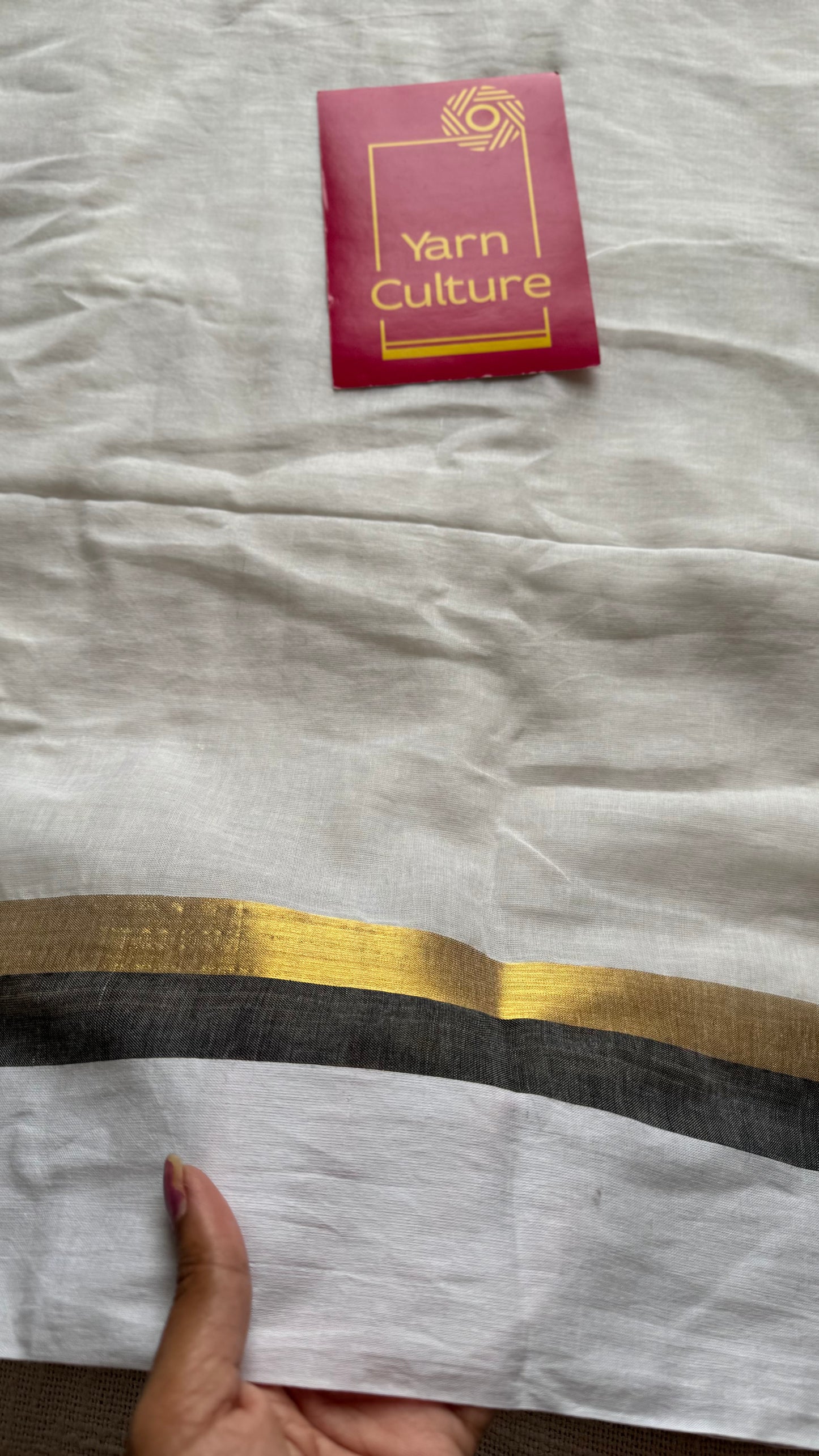 White with black and gold striped border, mul cotton - YCON25BCM40