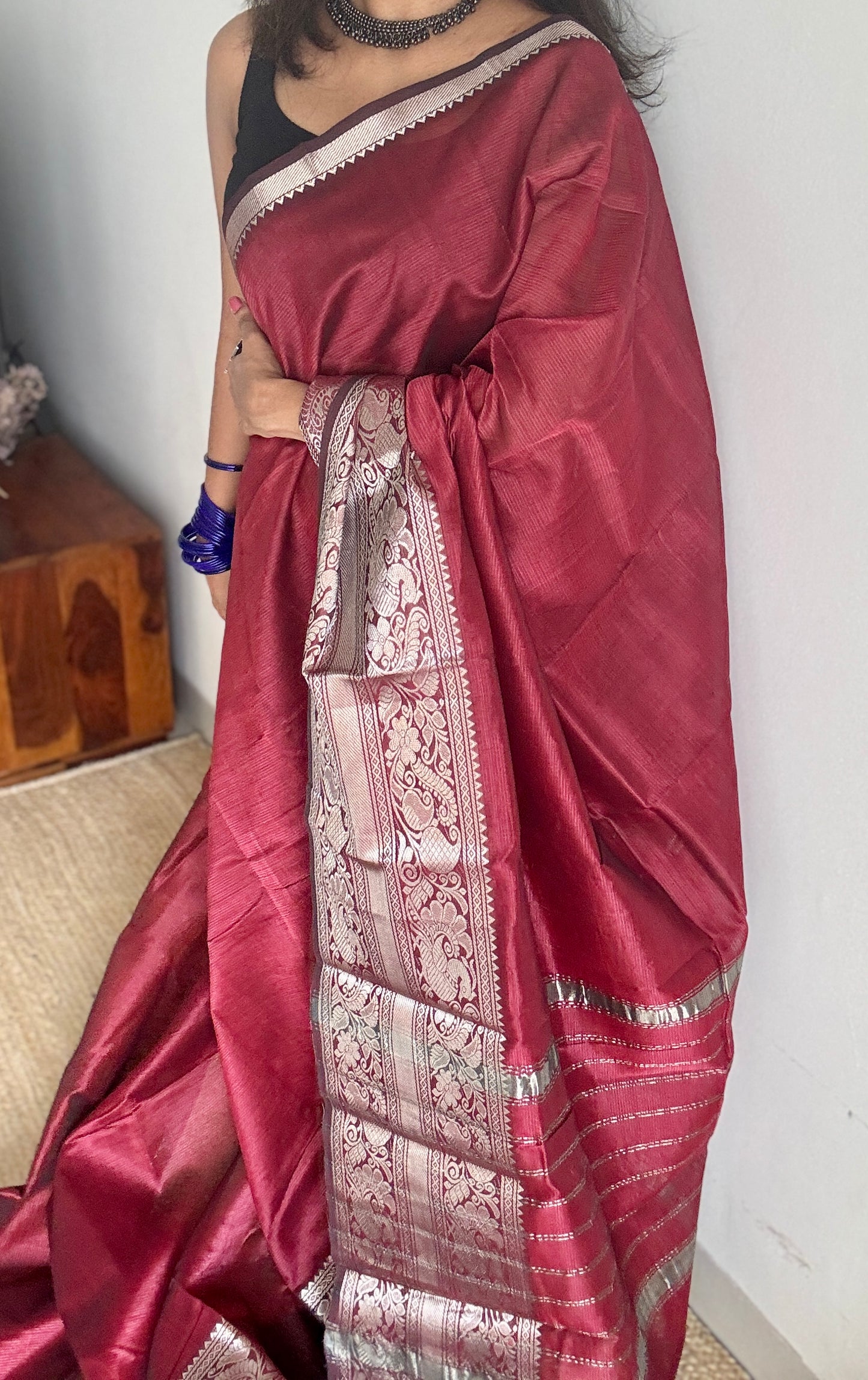 Maroon with silver peacock and floral woven zari border, mangalgiri silk cotton, handwoven, soft, light weight- YCWOTDMSCM03