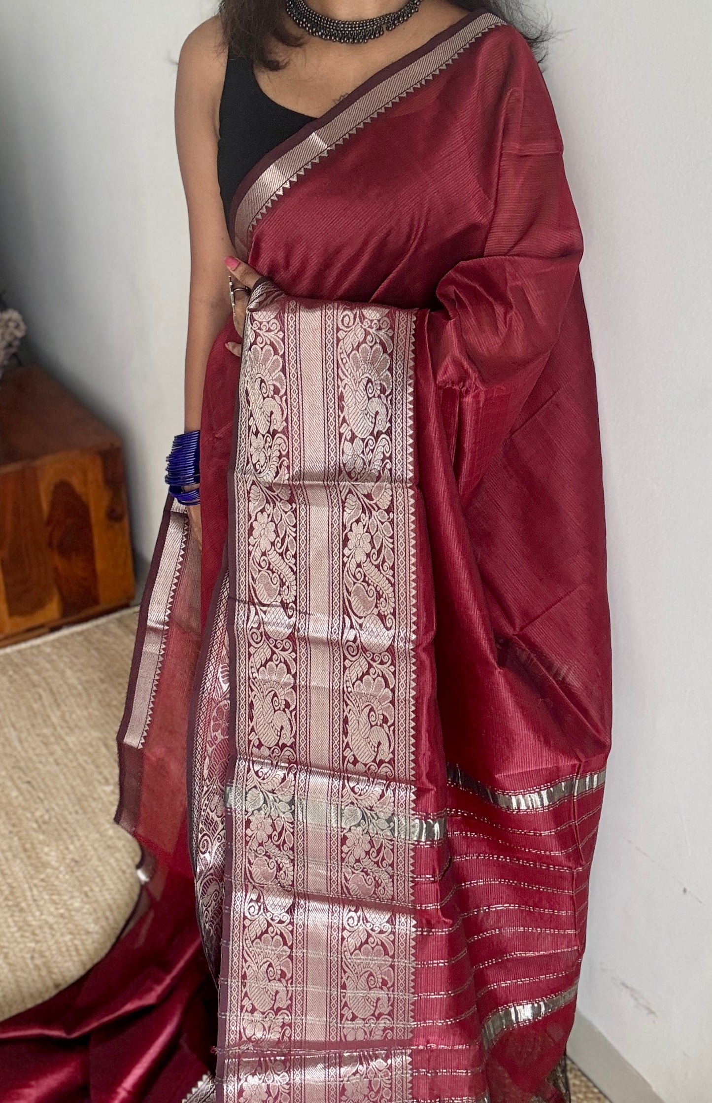 Maroon with silver peacock and floral woven zari border, mangalgiri silk cotton, handwoven, soft, light weight- YCWOTDMSCM03