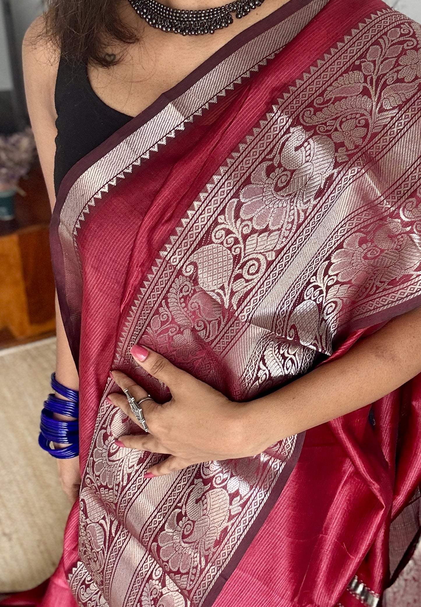 Maroon with silver peacock and floral woven zari border, mangalgiri silk cotton, handwoven, soft, light weight- YCWOTDMSCM03