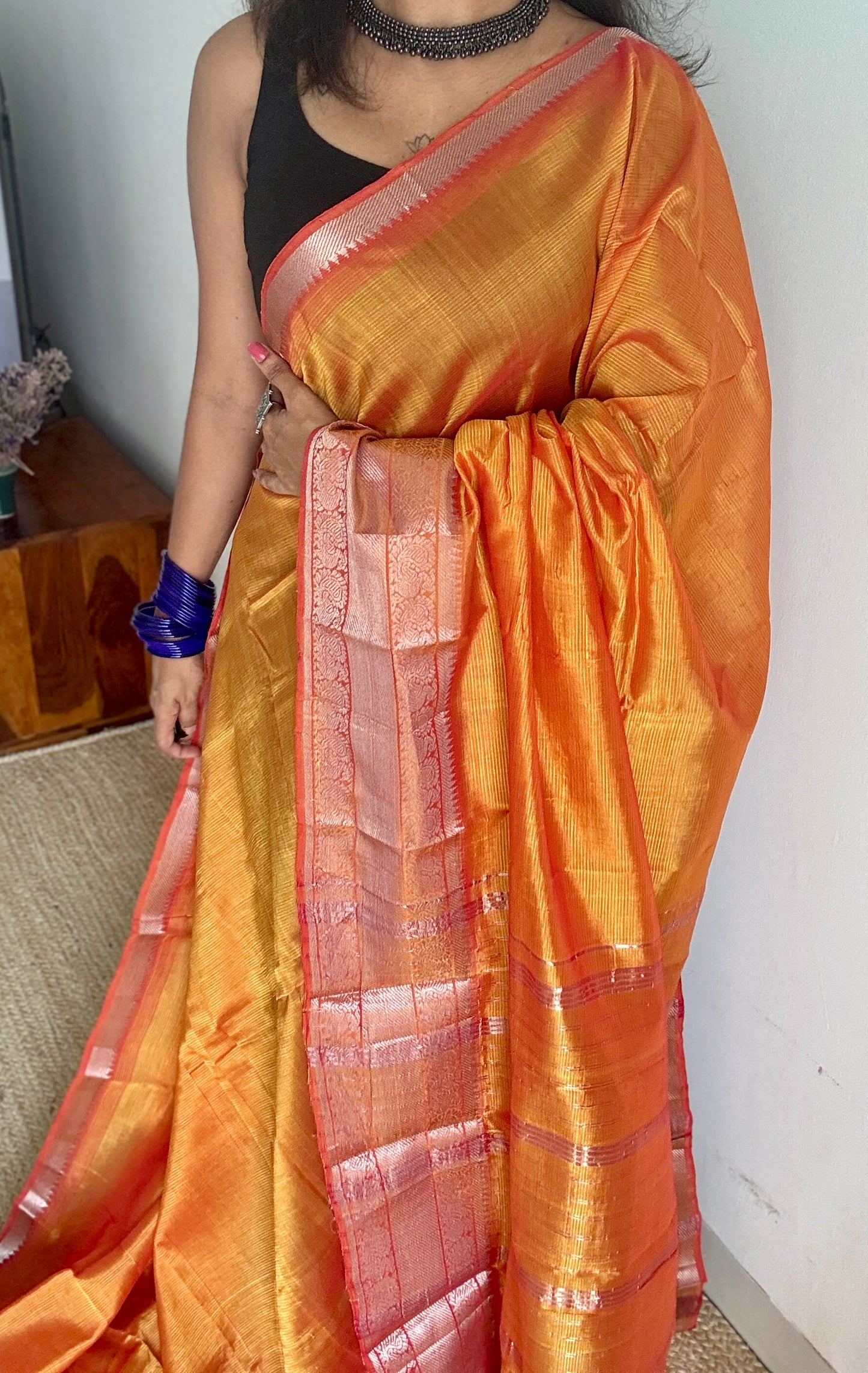 Light orange with silver peacock woven zari border, mangalgiri silk cotton, handwoven, soft, light weight- YCWOTDMSCM05