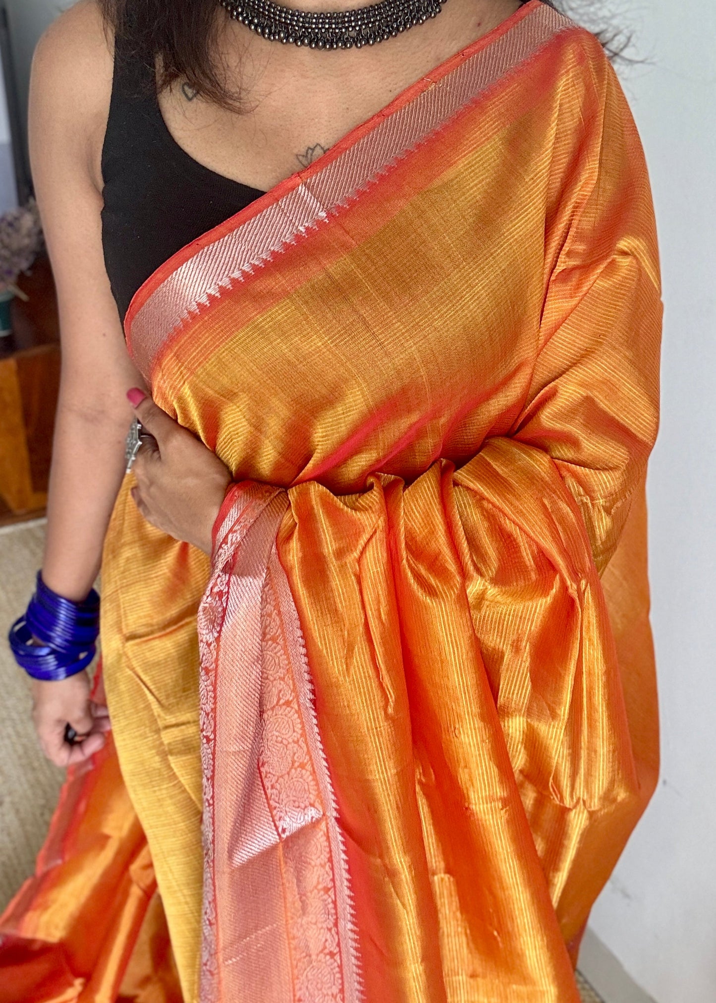Light orange with silver peacock woven zari border, mangalgiri silk cotton, handwoven, soft, light weight- YCWOTDMSCM05