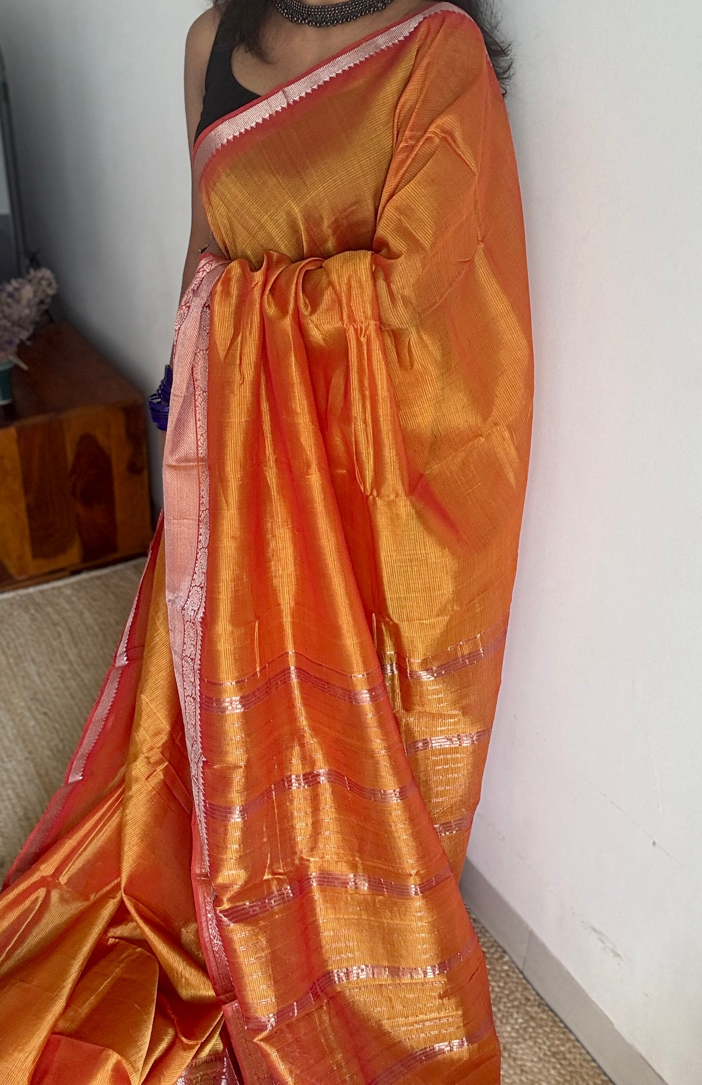 Light orange with silver peacock woven zari border, mangalgiri silk cotton, handwoven, soft, light weight- YCWOTDMSCM05