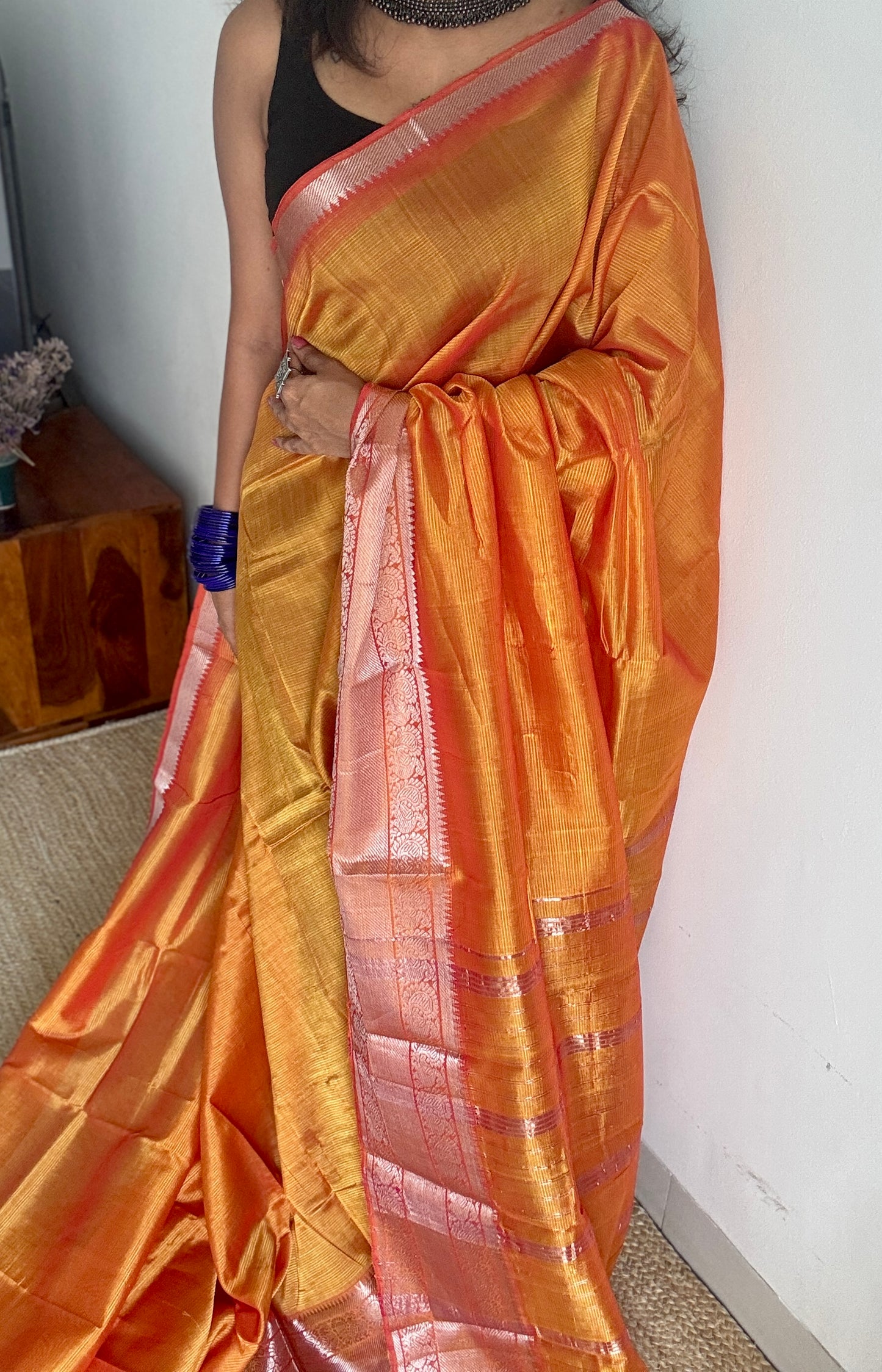 Light orange with silver peacock woven zari border, mangalgiri silk cotton, handwoven, soft, light weight- YCWOTDMSCM05