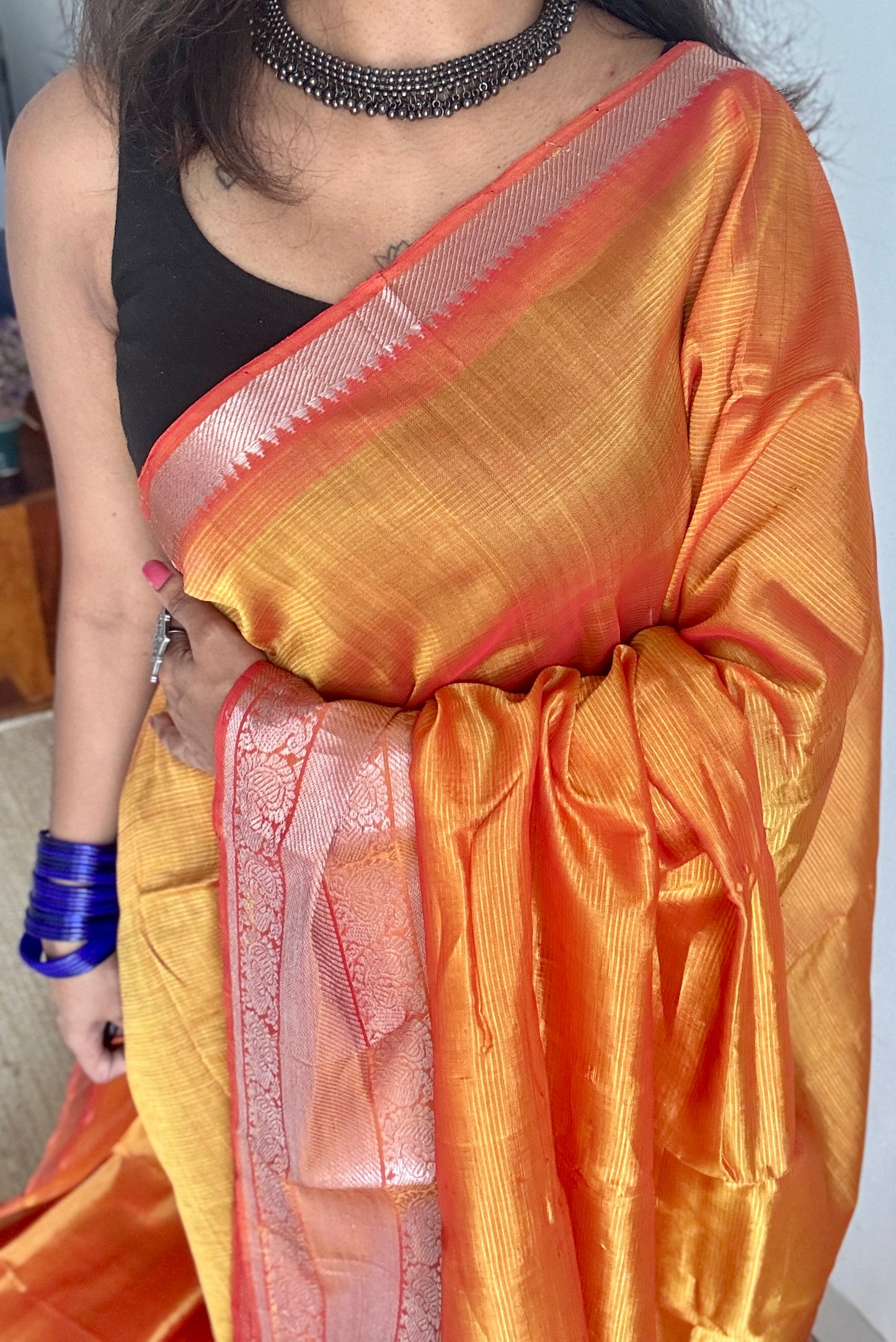 Light orange with silver peacock woven zari border, mangalgiri silk cotton, handwoven, soft, light weight- YCWOTDMSCM05