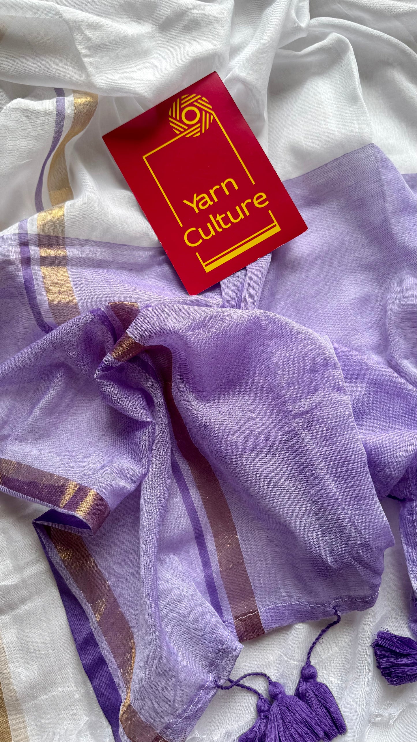 White with violet and gold stripe border, mul cotton - YCON25BCM17