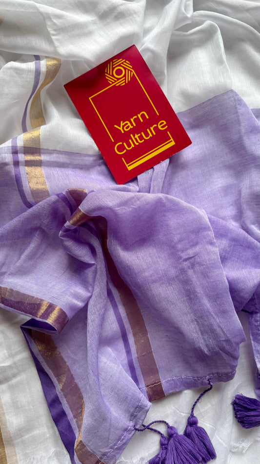 White with violet and gold stripe border, mul cotton - YCON25BCM17