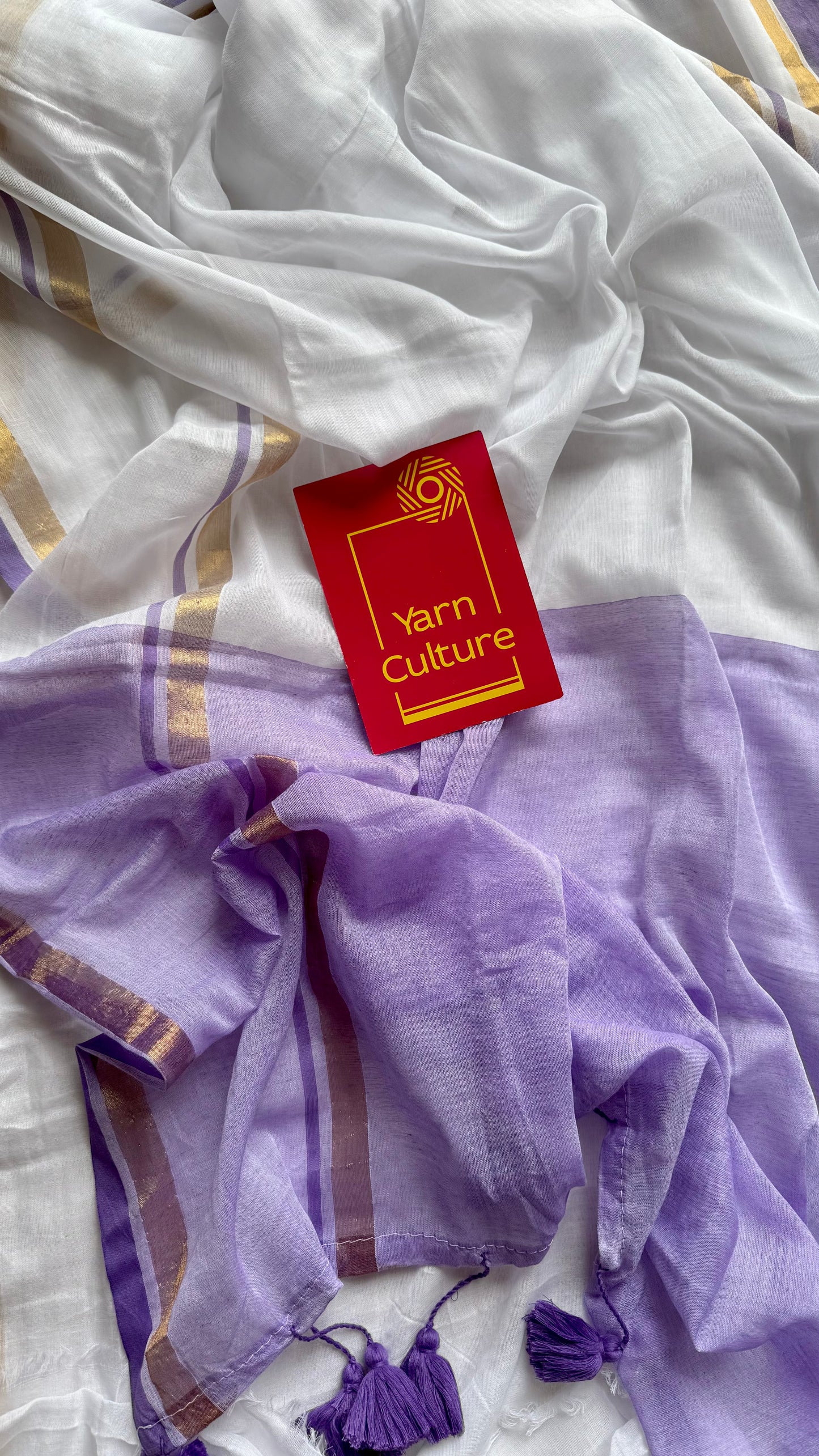 White with violet and gold stripe border, mul cotton - YCON25BCM17