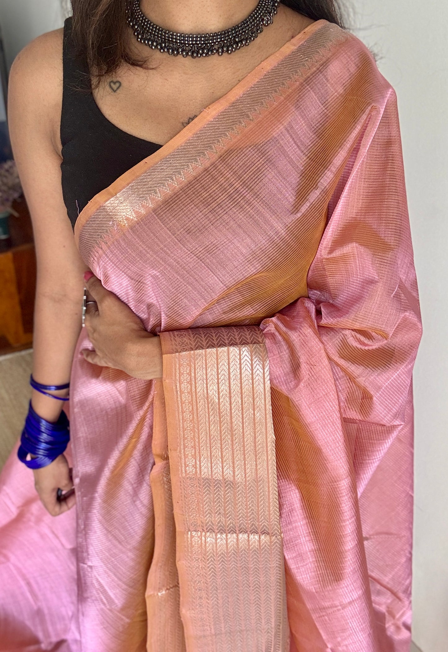 Peach pink with silver woven zari border, mangalgiri silk cotton, handwoven, soft, light weight- YCWOTDMSCM06