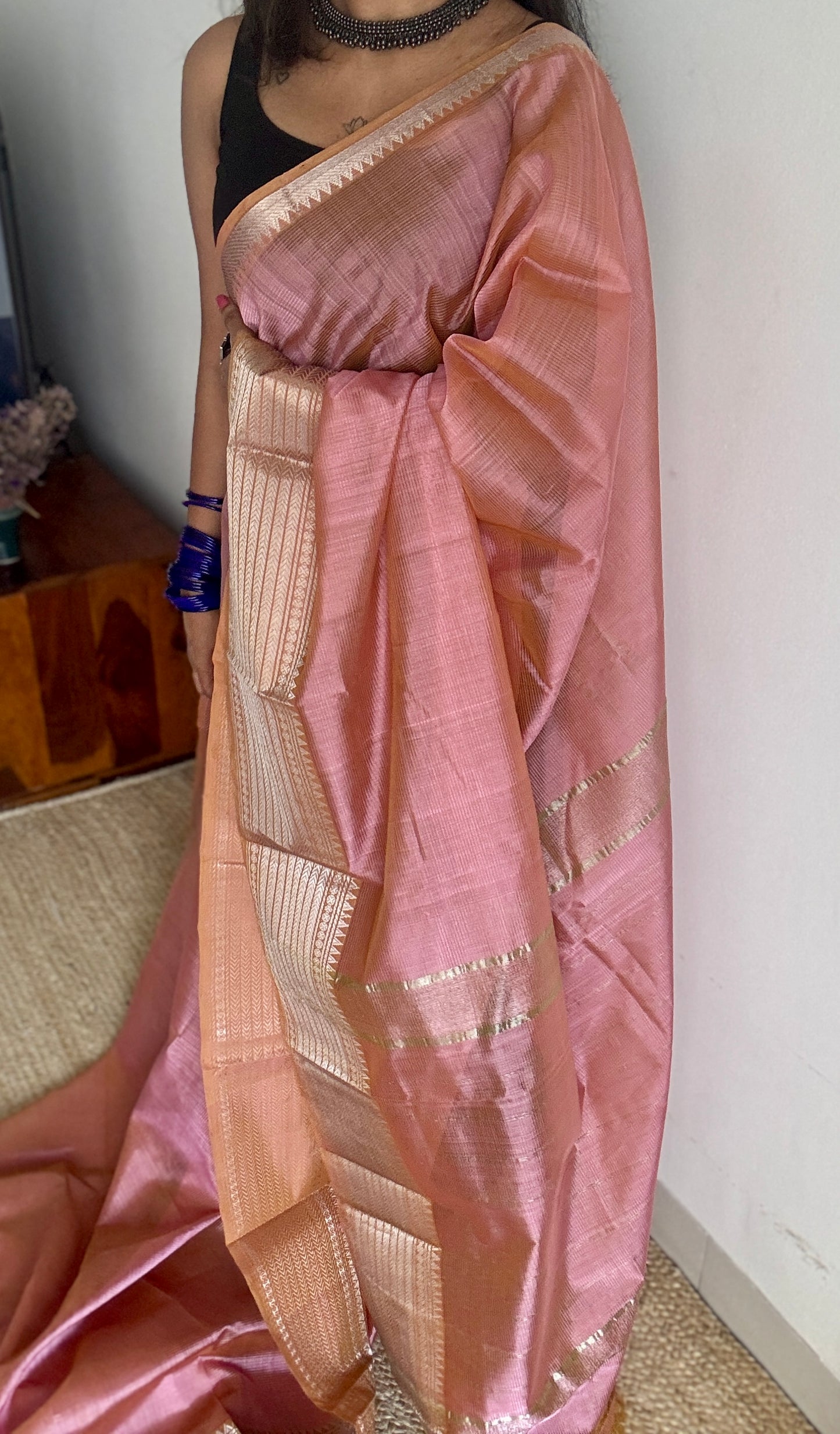 Peach pink with silver woven zari border, mangalgiri silk cotton, handwoven, soft, light weight- YCWOTDMSCM06