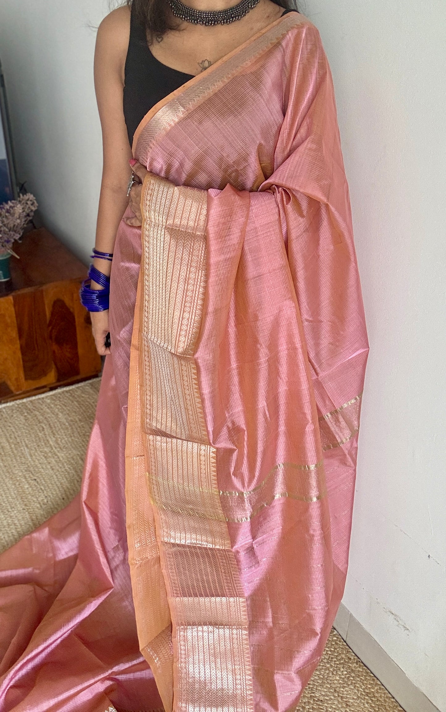 Peach pink with silver woven zari border, mangalgiri silk cotton, handwoven, soft, light weight- YCWOTDMSCM06