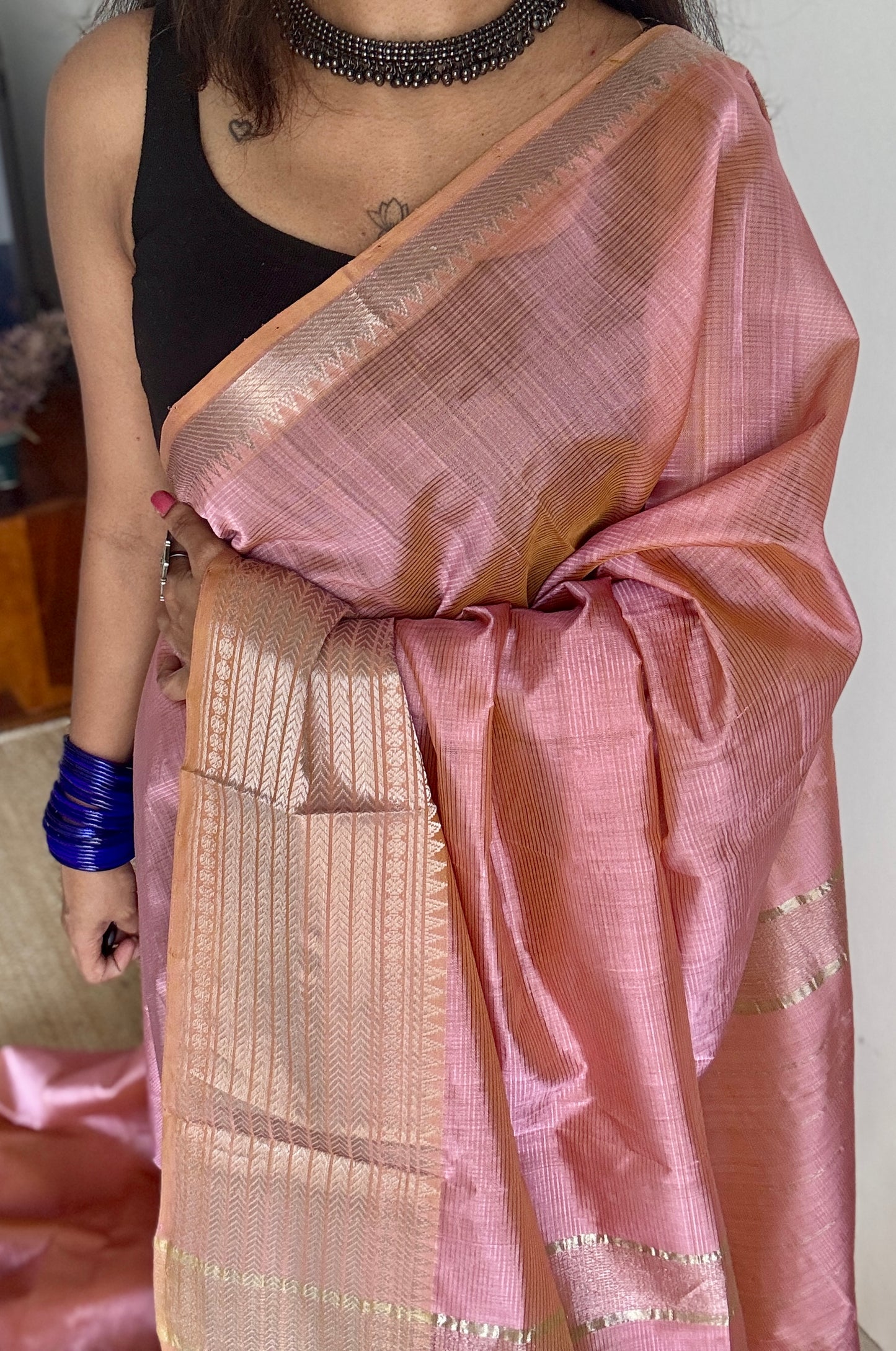 Peach pink with silver woven zari border, mangalgiri silk cotton, handwoven, soft, light weight- YCWOTDMSCM06