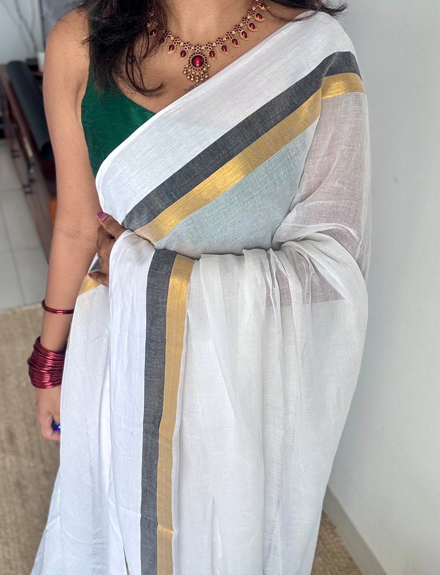 White with black and gold striped border, mul cotton - YCON25BCM40
