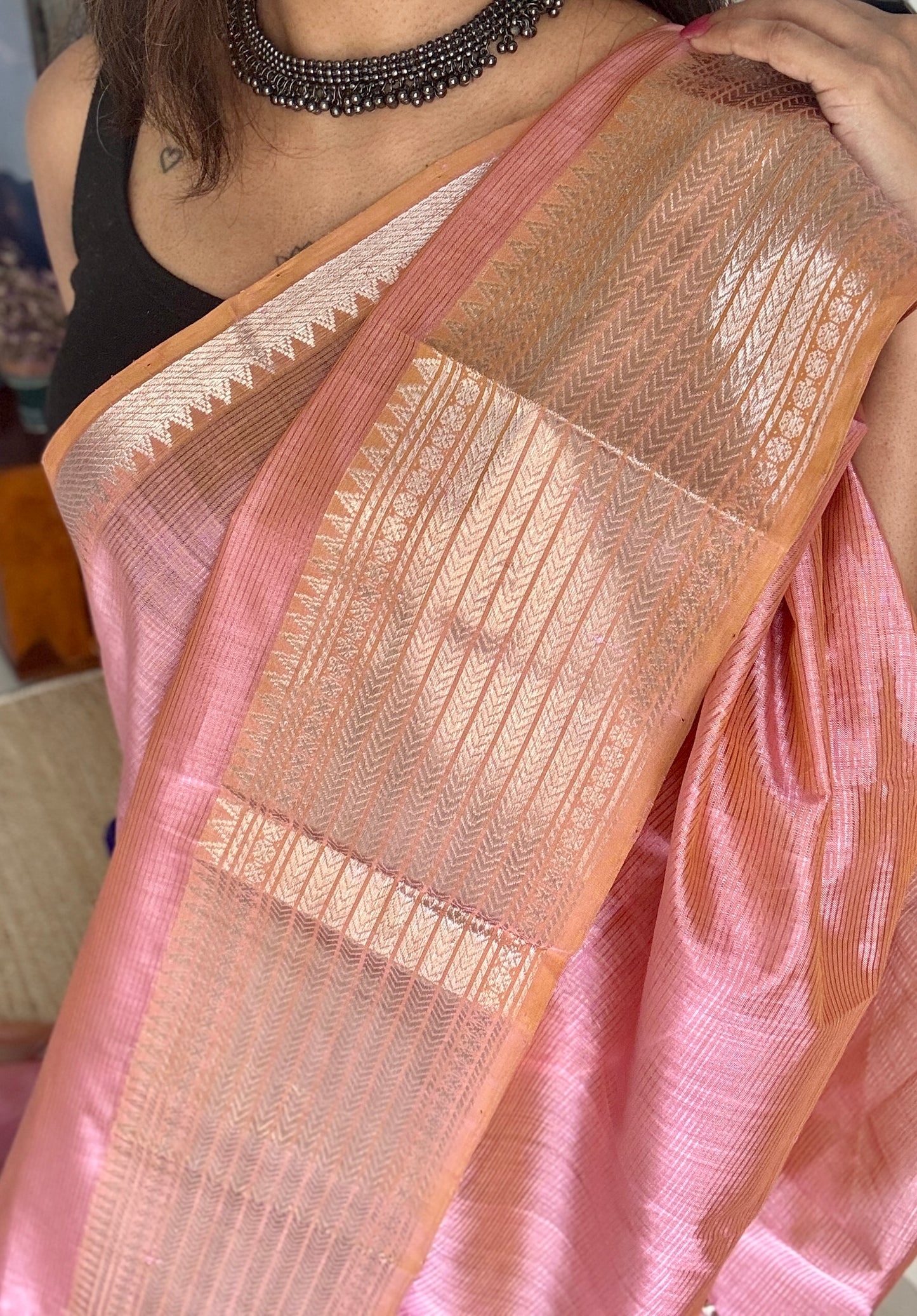 Peach pink with silver woven zari border, mangalgiri silk cotton, handwoven, soft, light weight- YCWOTDMSCM06