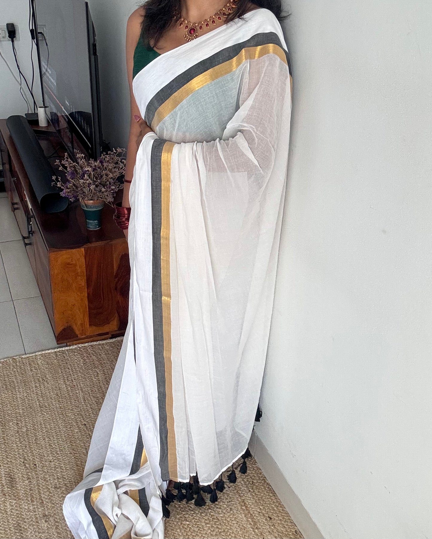 White with black and gold striped border, mul cotton - YCON25BCM40