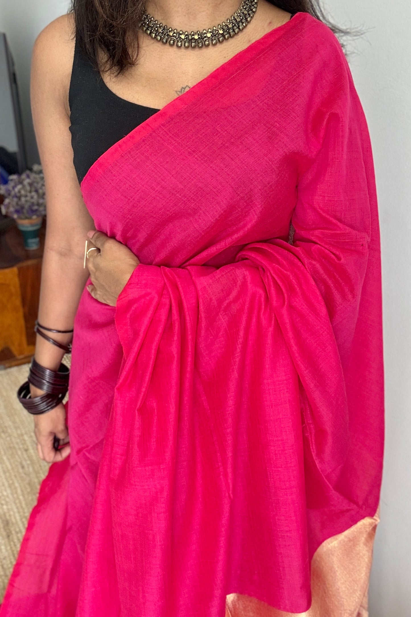 Hot Pink Splash - Deep warm pink with silver gold dual tone pallu, soft khadi cotton