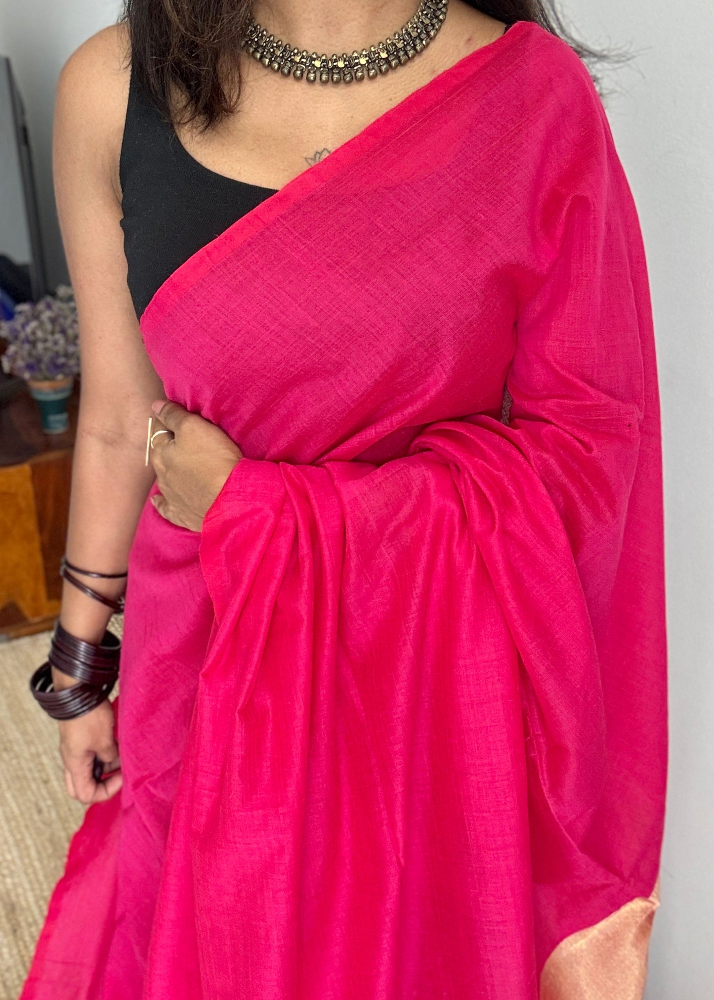 Hot Pink Splash - Deep warm pink with silver gold dual tone pallu, soft khadi cotton