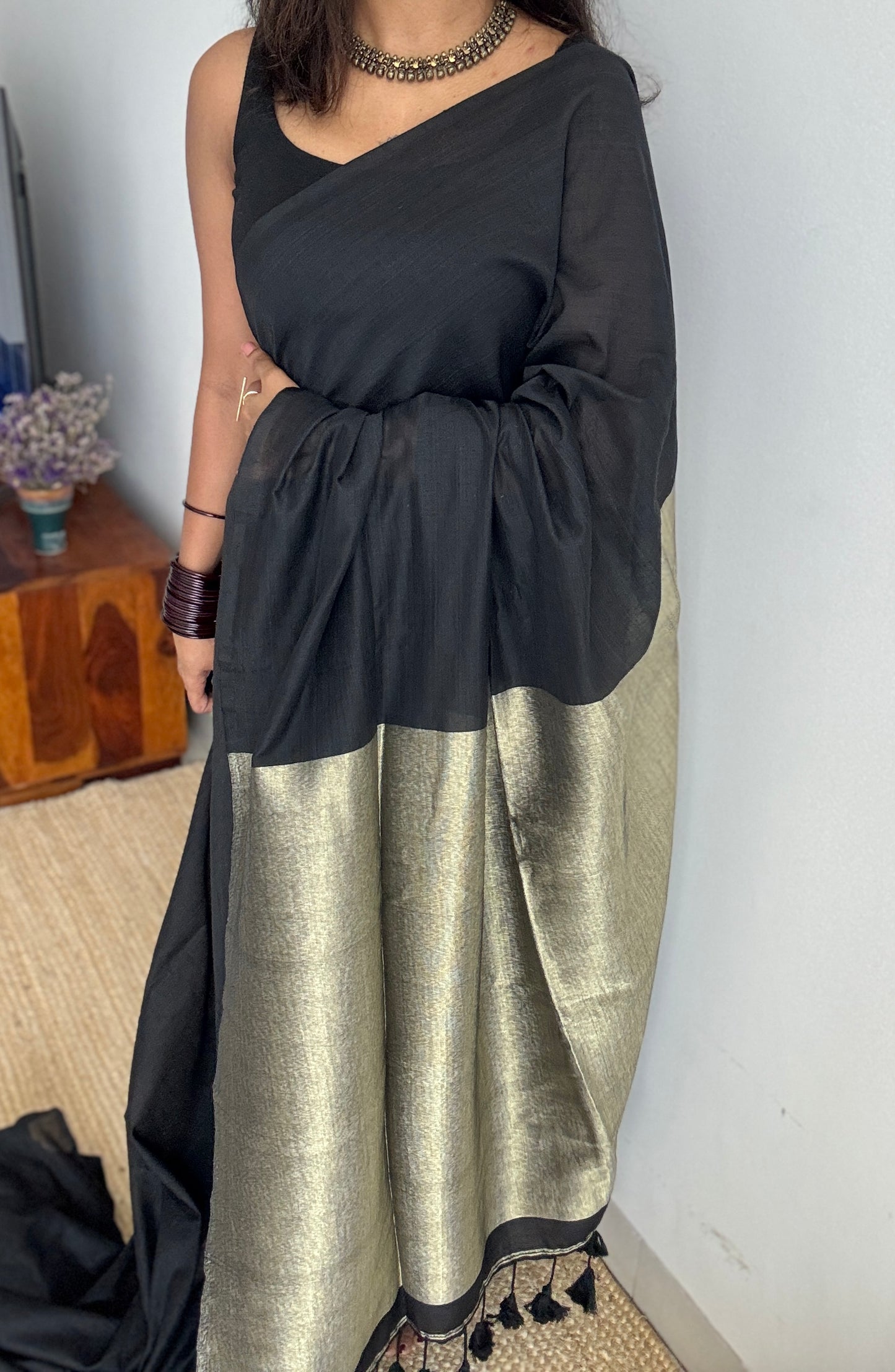 Black Whisper - Black with silver gold dual tone pallu, soft khadi cotton