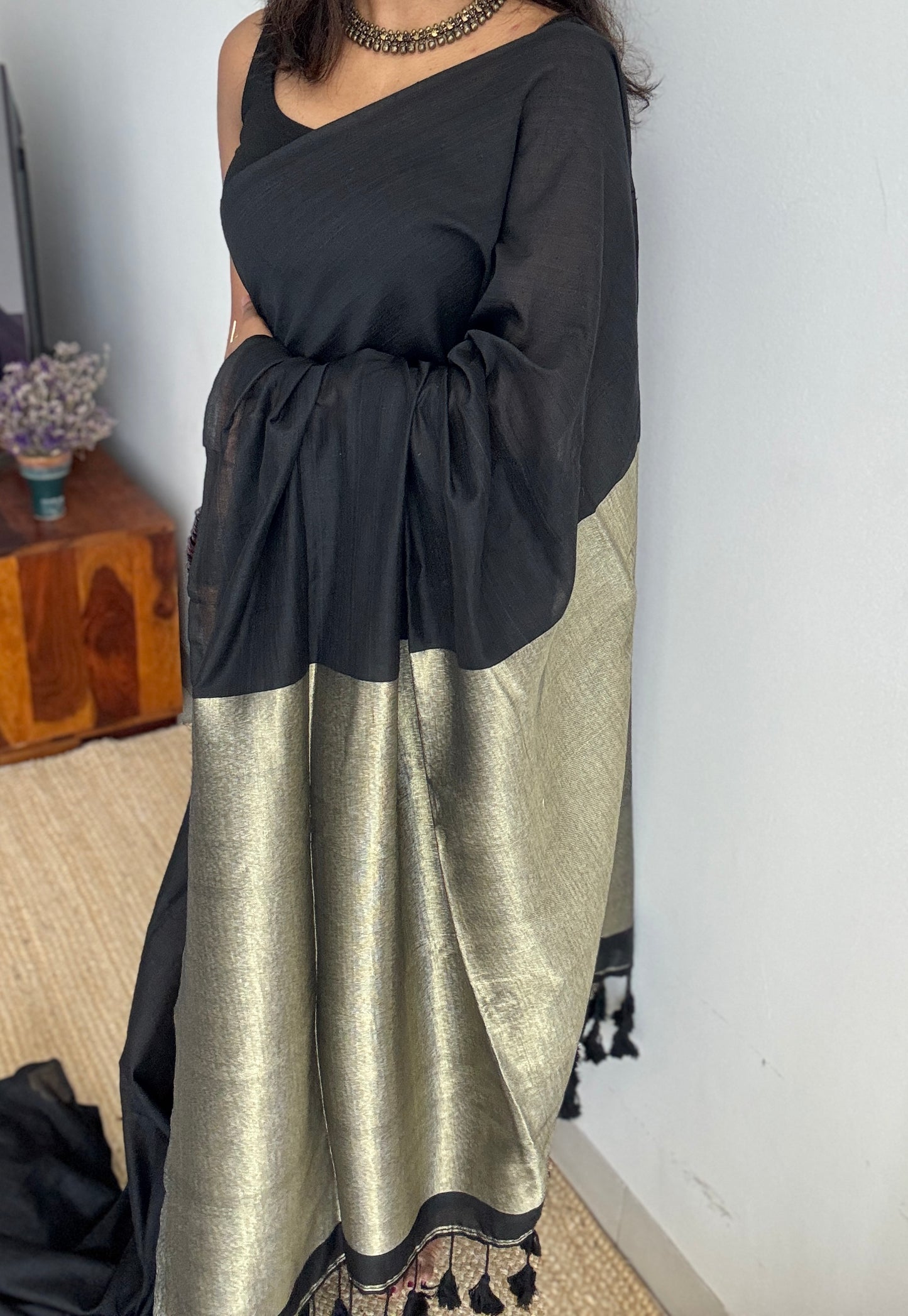 Black Whisper - Black with silver gold dual tone pallu, soft khadi cotton