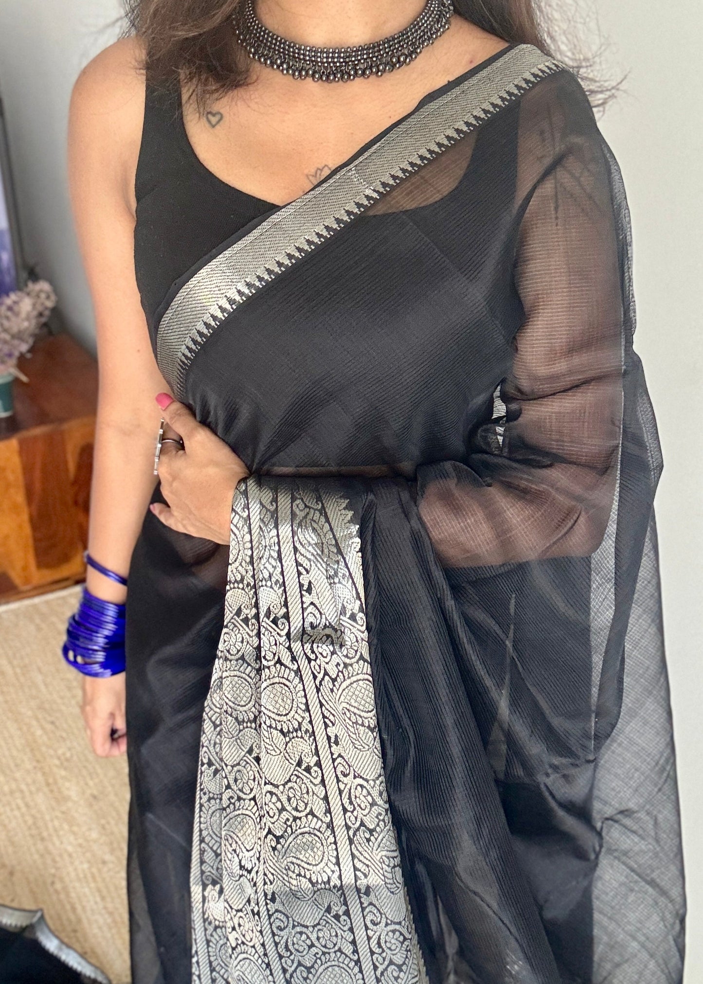 Black with silver peacock woven zari border, mangalgiri silk cotton, handwoven, soft, light weight - YCWOTDMSCM01