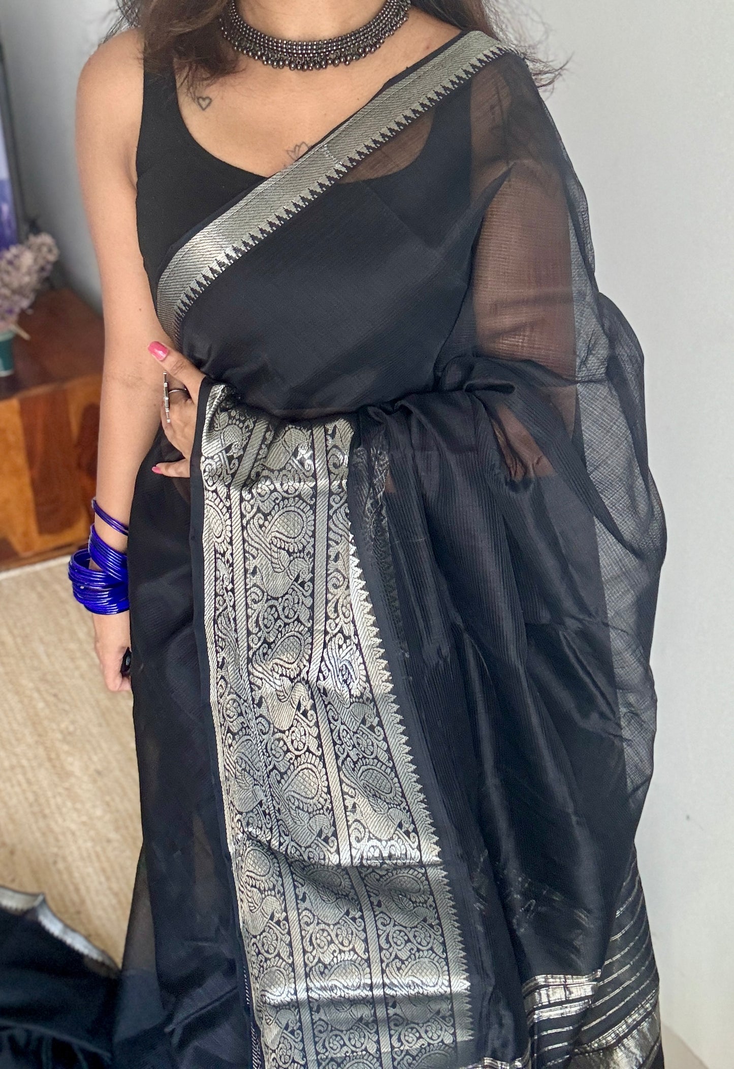 Black with silver peacock woven zari border, mangalgiri silk cotton, handwoven, soft, light weight - YCWOTDMSCM01