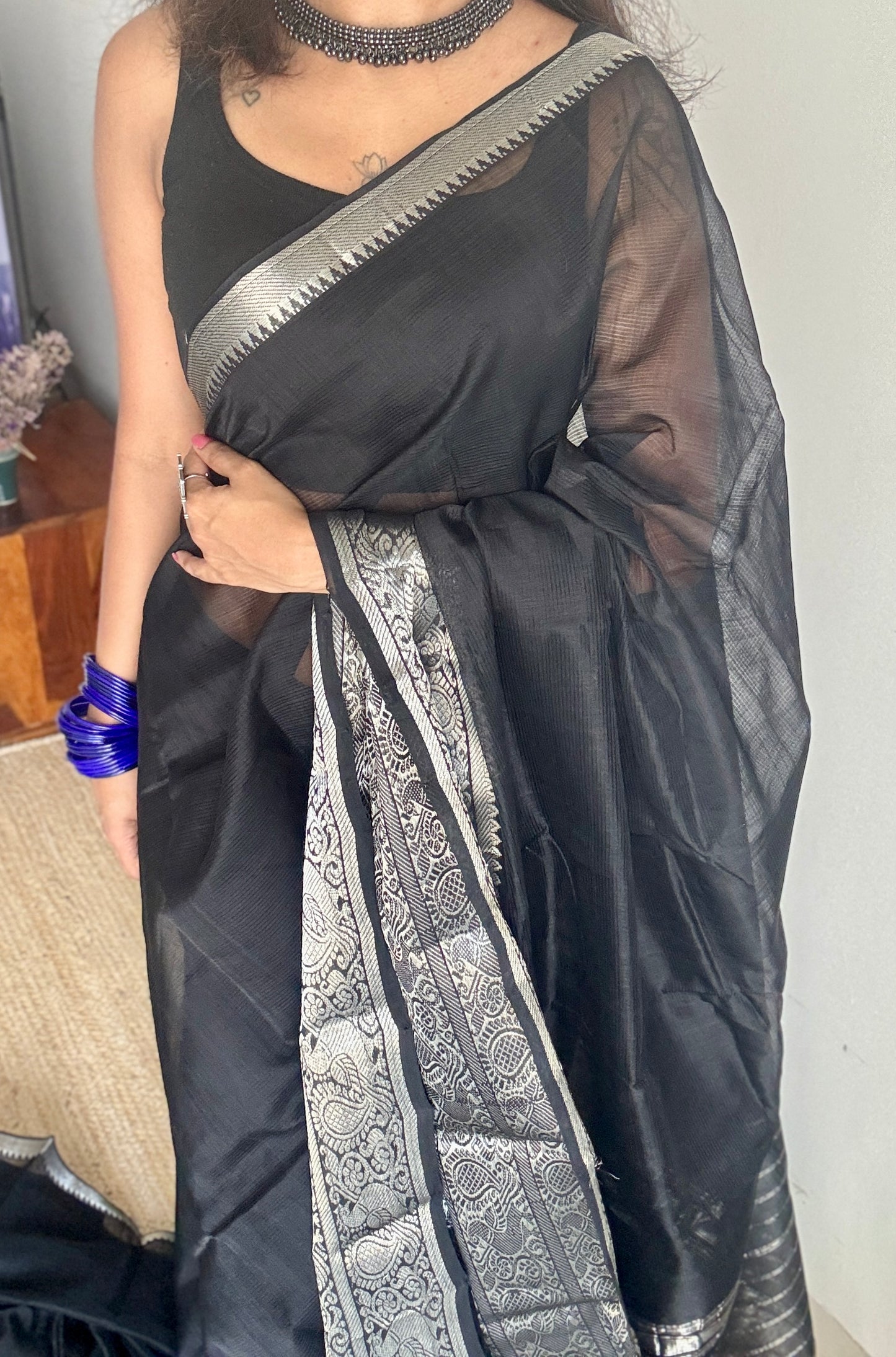 Black with silver peacock woven zari border, mangalgiri silk cotton, handwoven, soft, light weight - YCWOTDMSCM01