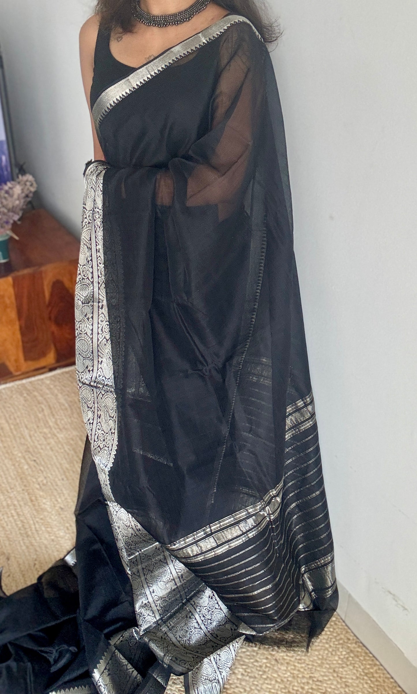 Black with silver peacock woven zari border, mangalgiri silk cotton, handwoven, soft, light weight - YCWOTDMSCM01