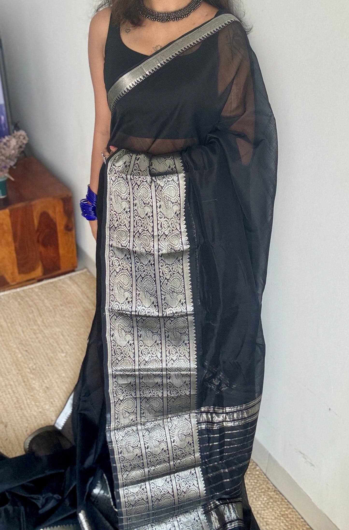 Black with silver peacock woven zari border, mangalgiri silk cotton, handwoven, soft, light weight - YCWOTDMSCM01