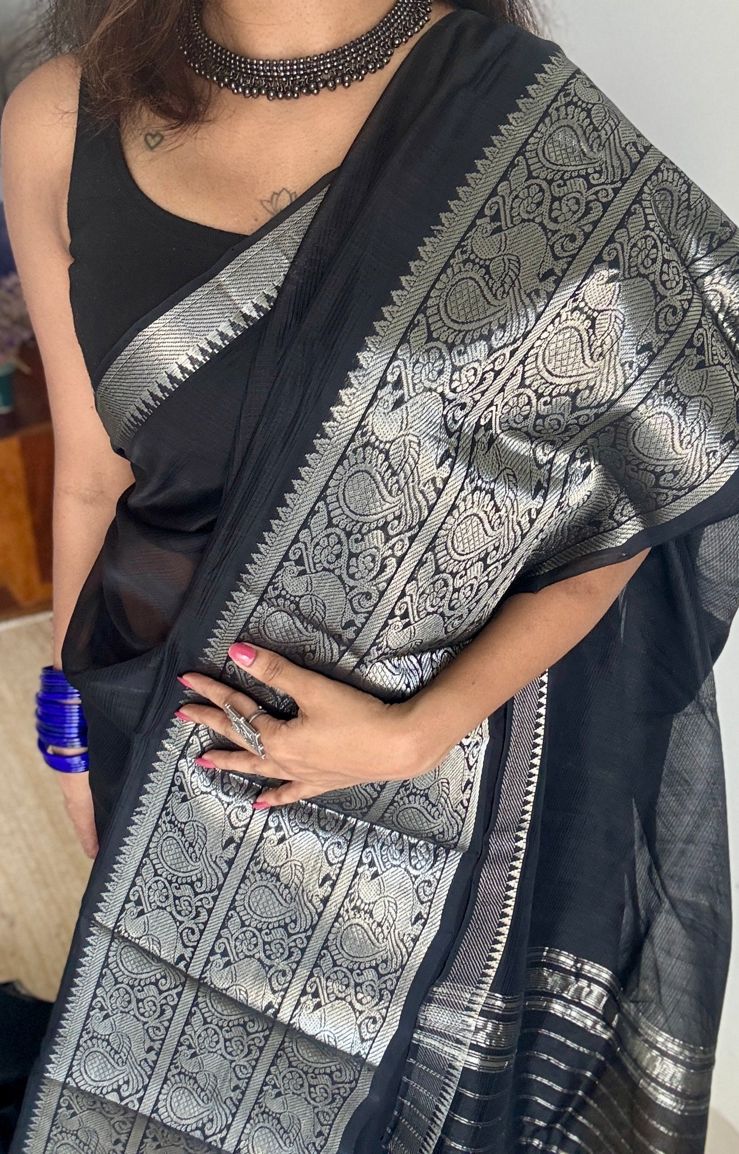 Black with silver peacock woven zari border, mangalgiri silk cotton, handwoven, soft, light weight - YCWOTDMSCM01