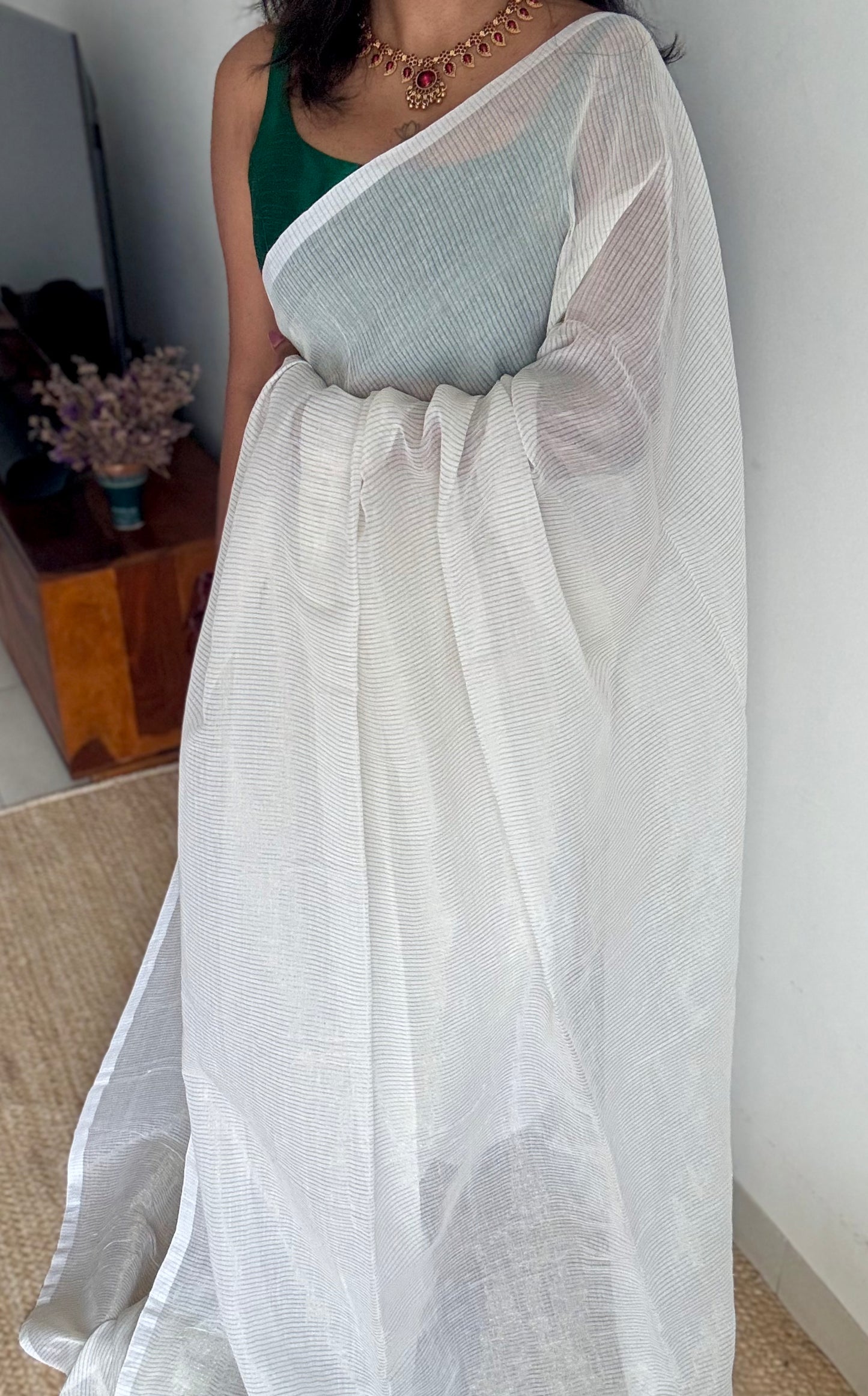 Ivory with gold zari stripes, mul cotton - YCON25BCM58