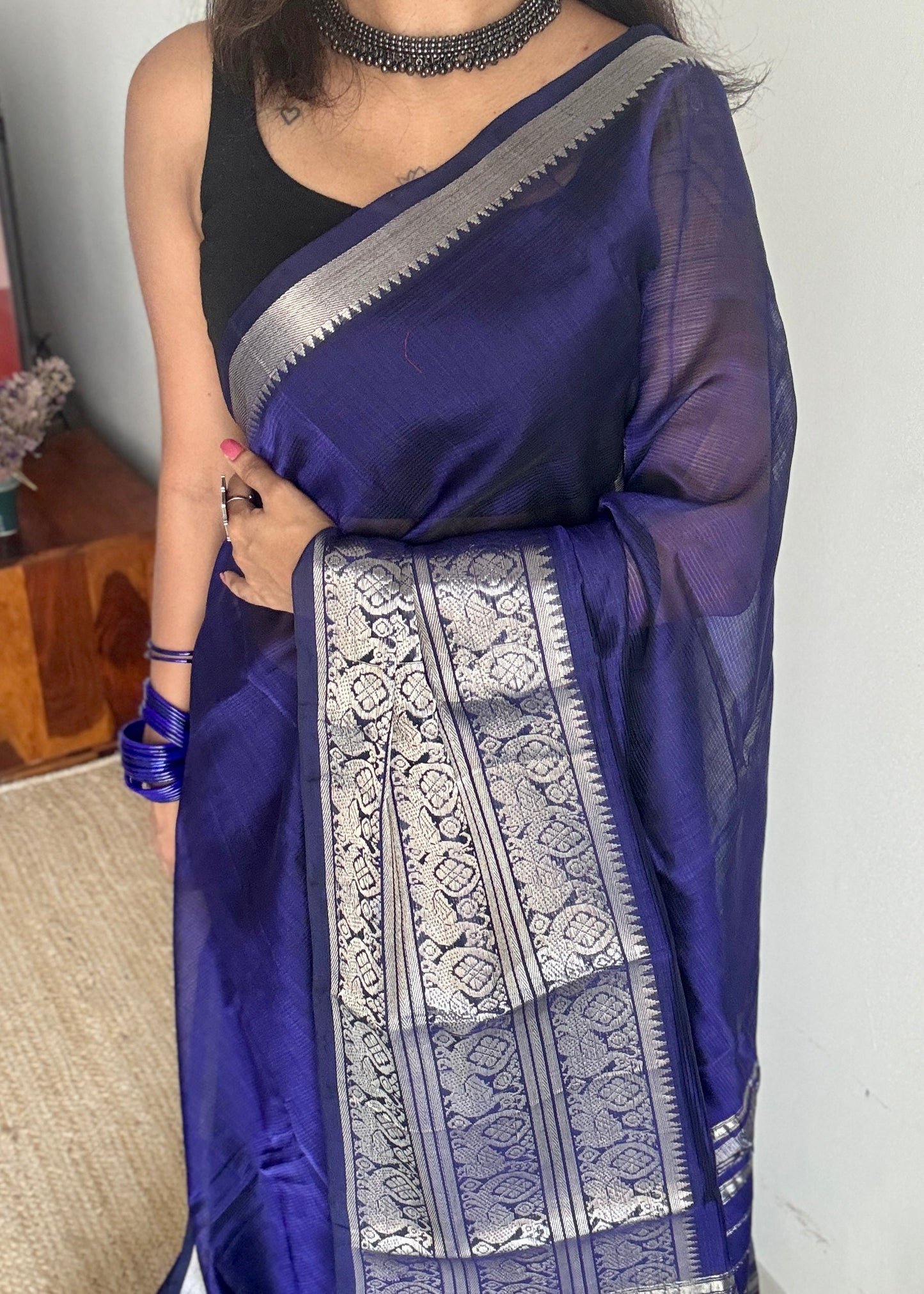 Violet with silver peacock woven zari border, mangalgiri silk cotton, handwoven, soft, light weight - YCWOTDMSCM02