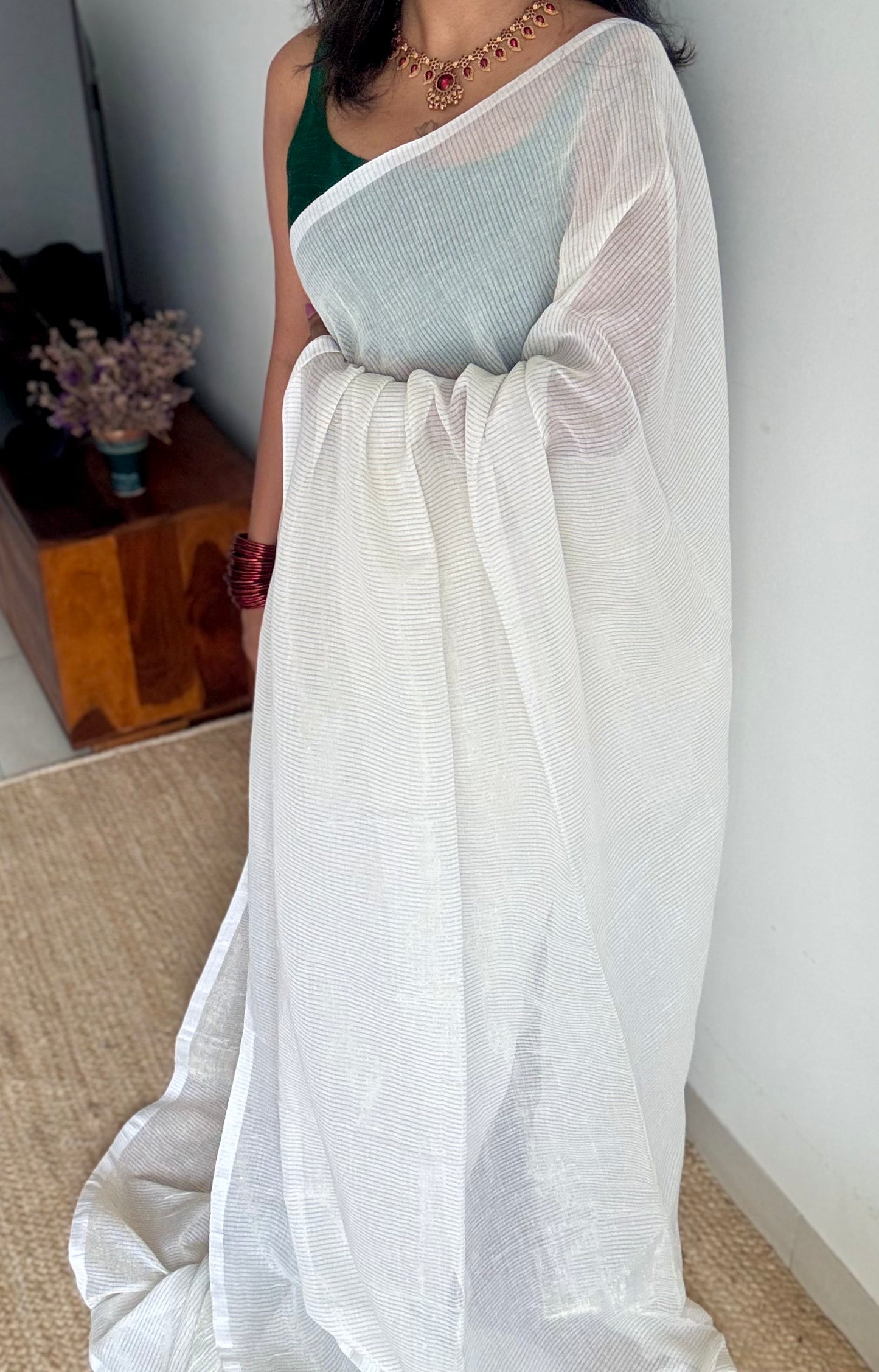 Ivory with gold zari stripes, mul cotton - YCON25BCM58