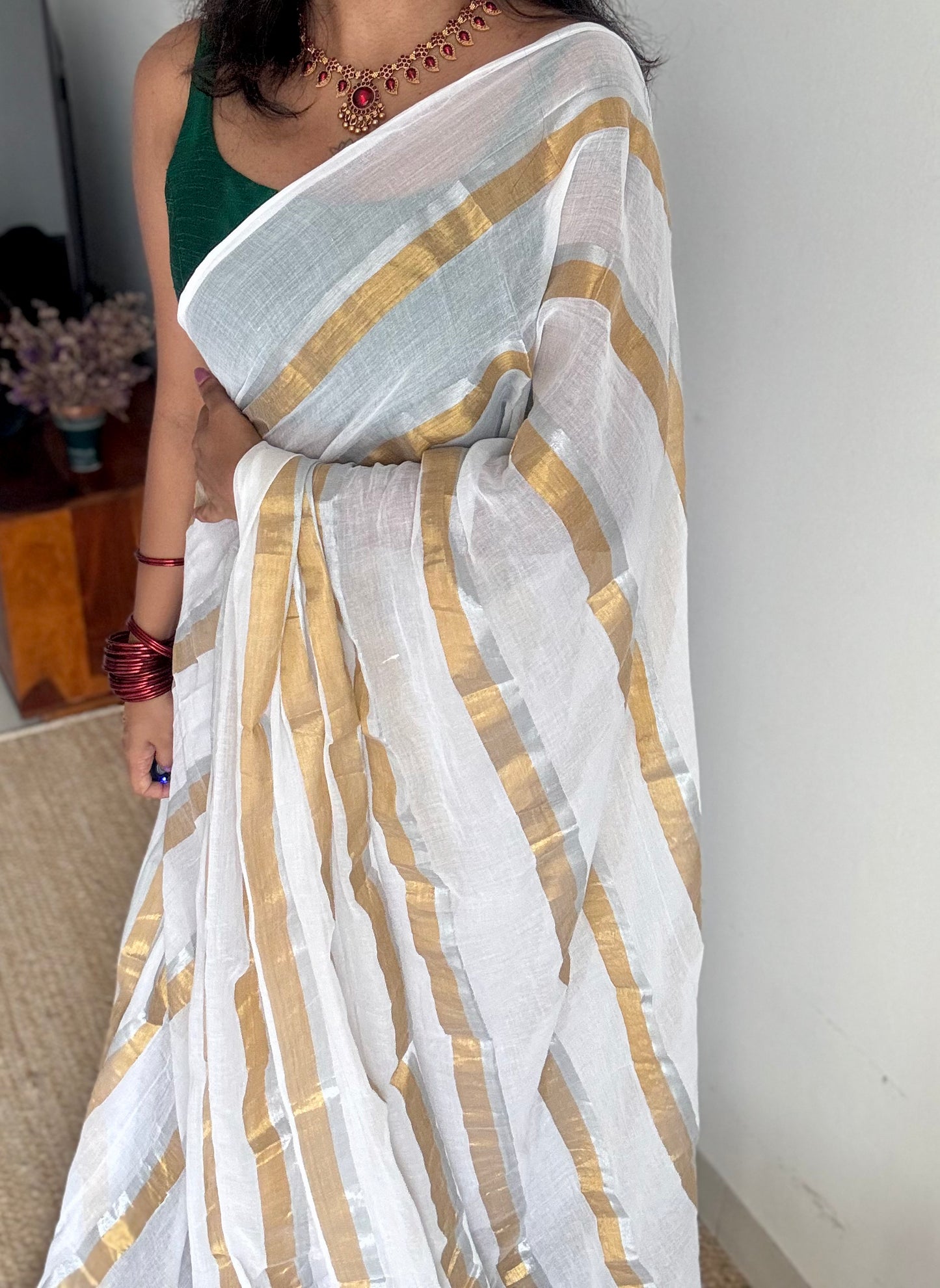 White with gold and silver zari stripes, mul cotton - YCON25BCM59