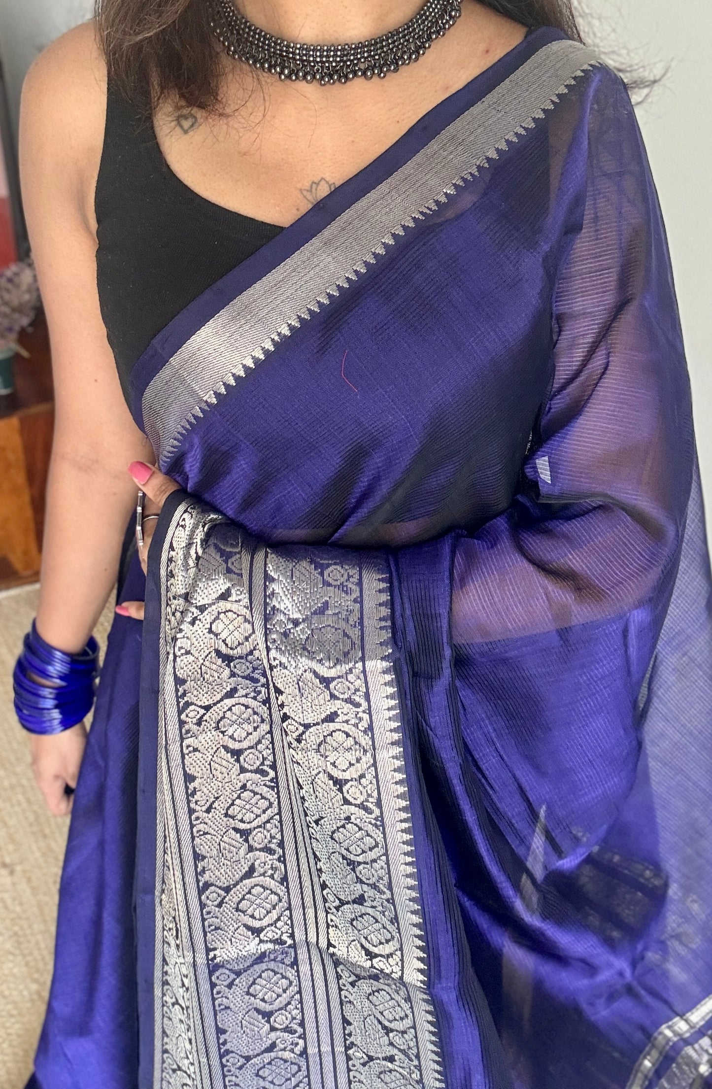 Violet with silver peacock woven zari border, mangalgiri silk cotton, handwoven, soft, light weight - YCWOTDMSCM02