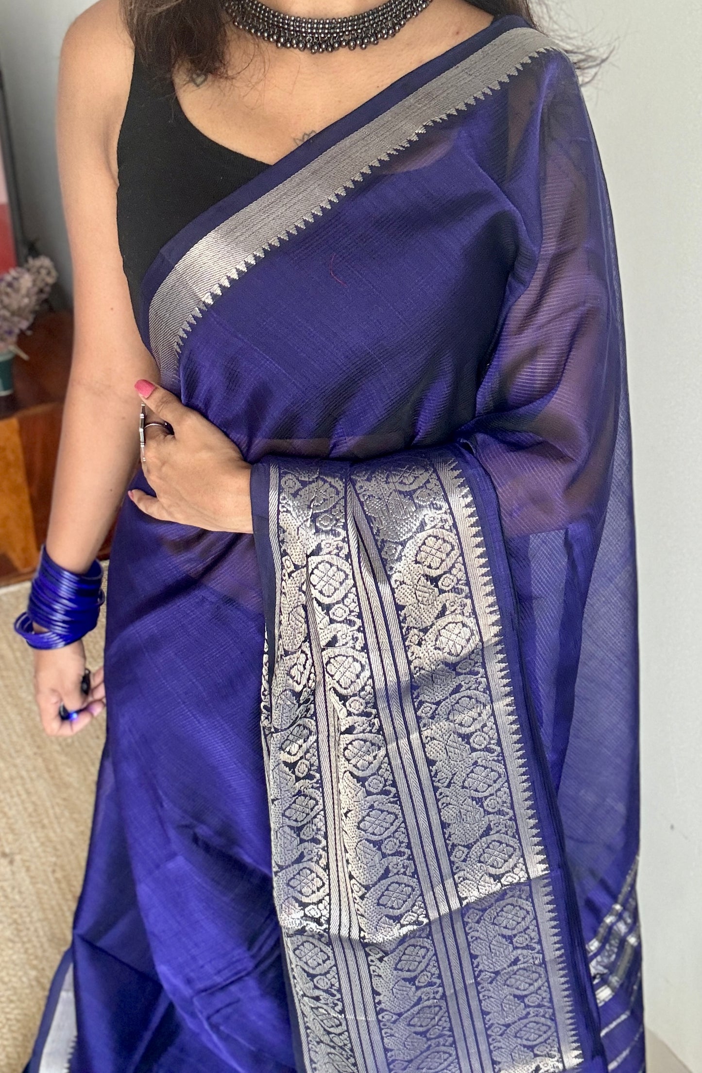 Violet with silver peacock woven zari border, mangalgiri silk cotton, handwoven, soft, light weight - YCWOTDMSCM02