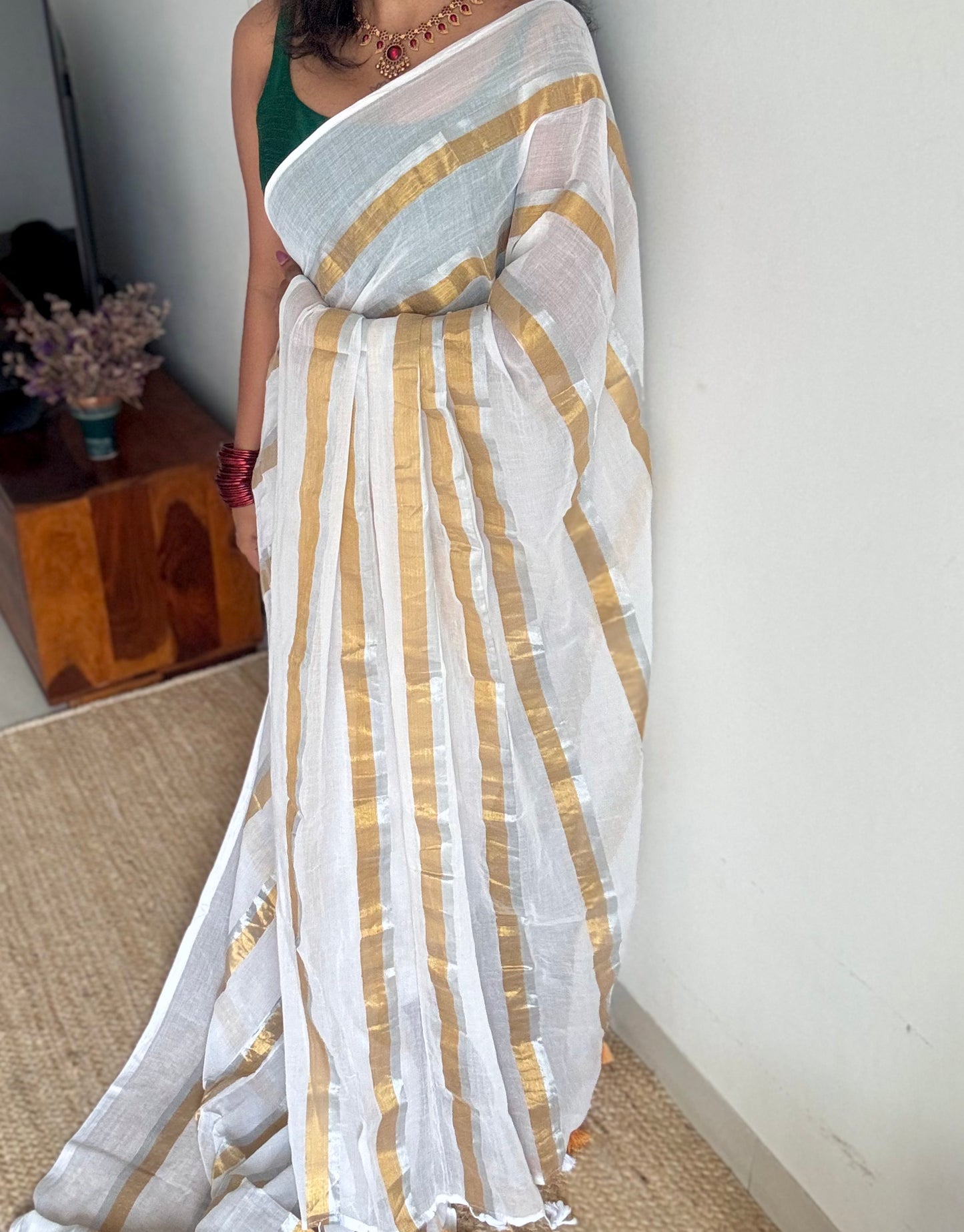 White with gold and silver zari stripes, mul cotton - YCON25BCM59