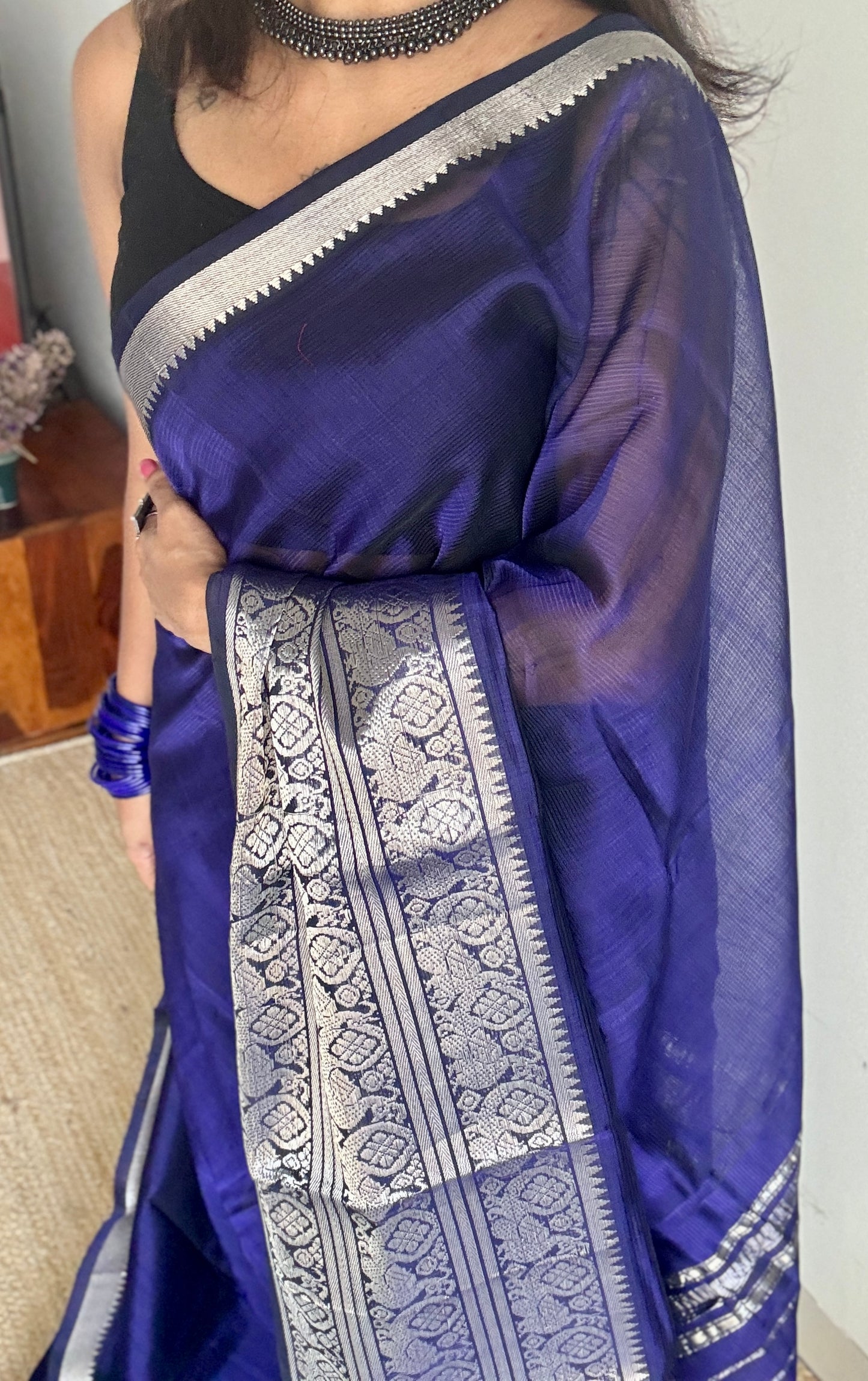 Violet with silver peacock woven zari border, mangalgiri silk cotton, handwoven, soft, light weight - YCWOTDMSCM02