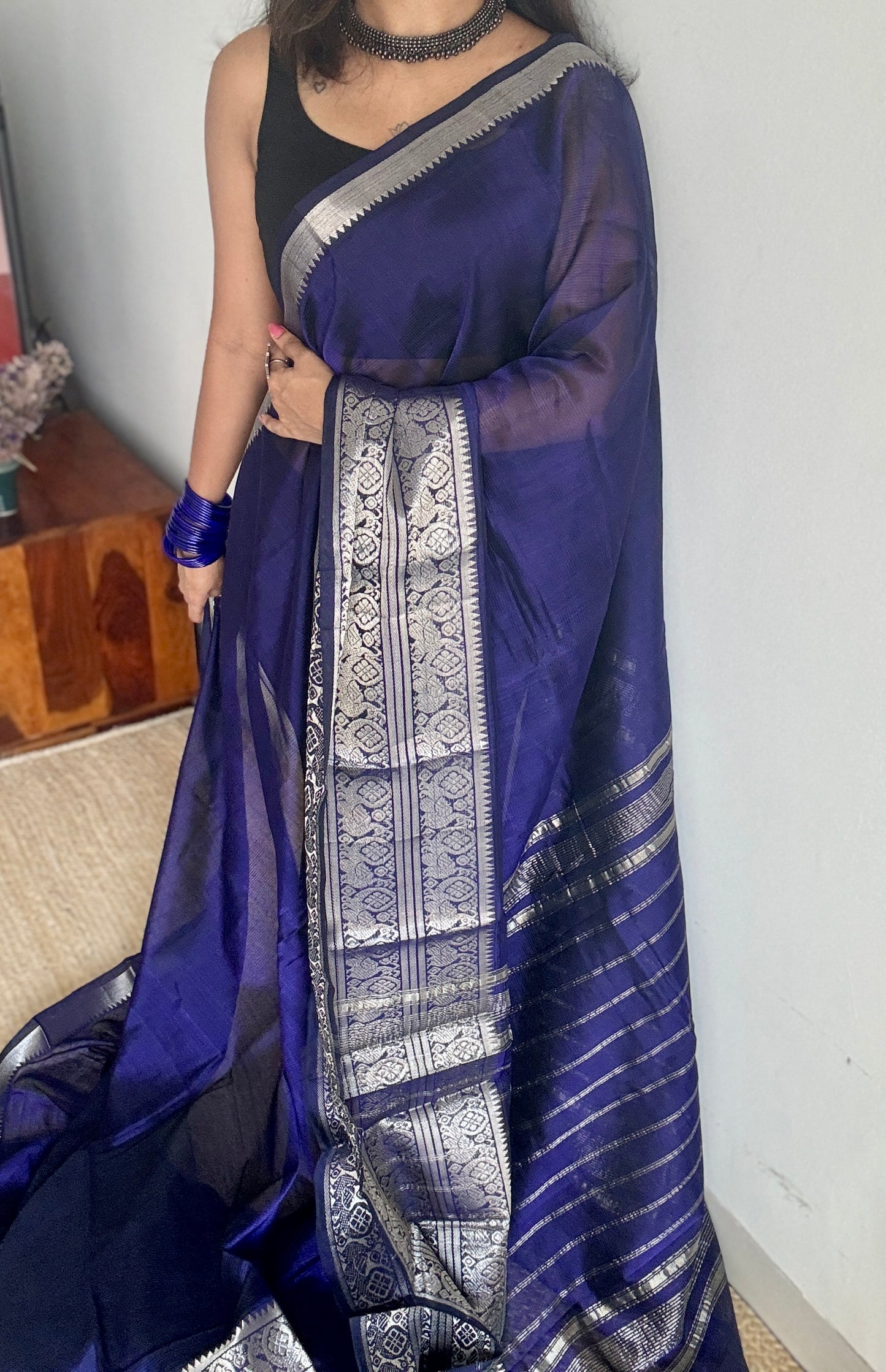 Violet with silver peacock woven zari border, mangalgiri silk cotton, handwoven, soft, light weight - YCWOTDMSCM02