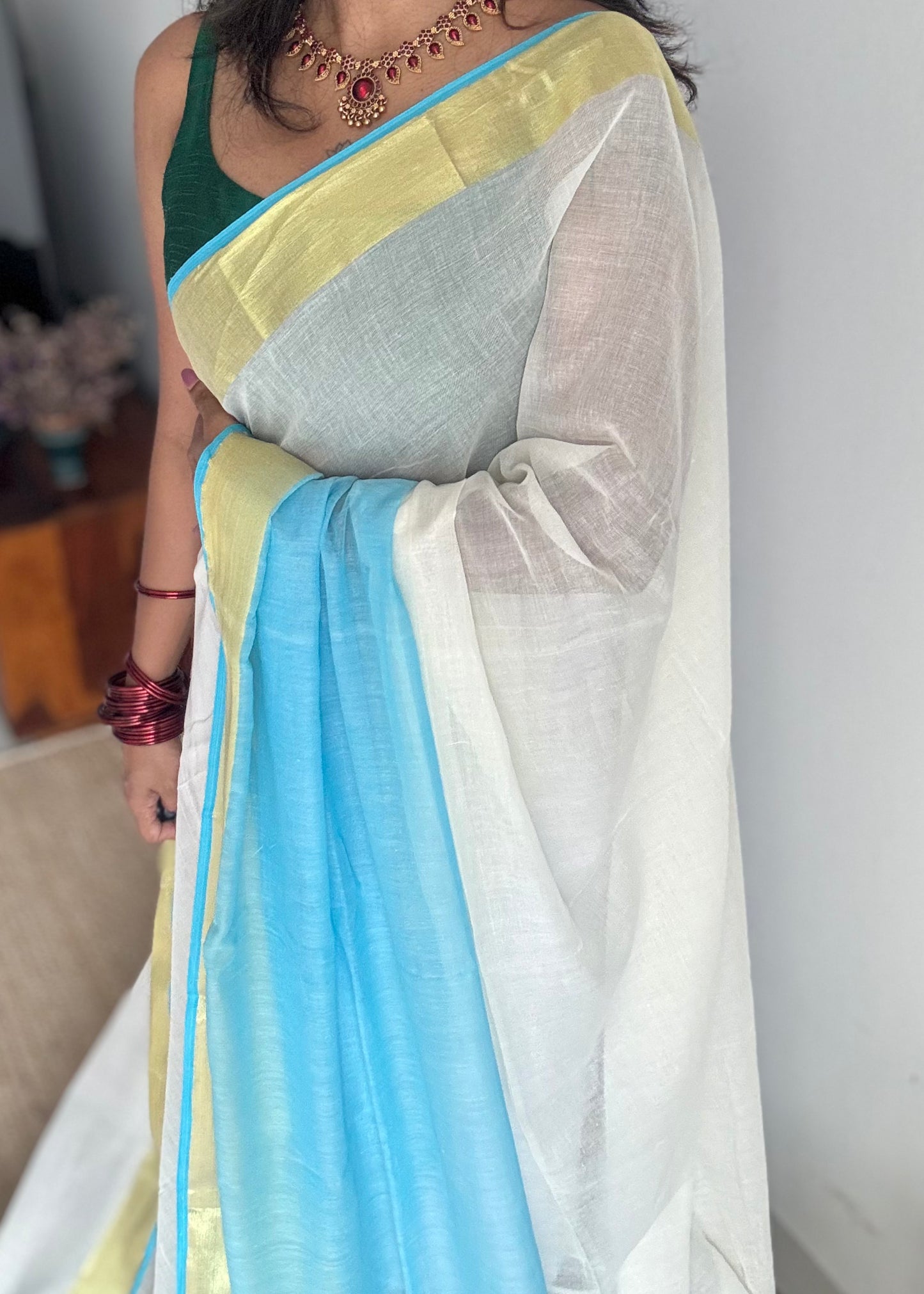 Ivory with dyed blue and antique gold zari border, mul cotton - YCON25BCM24