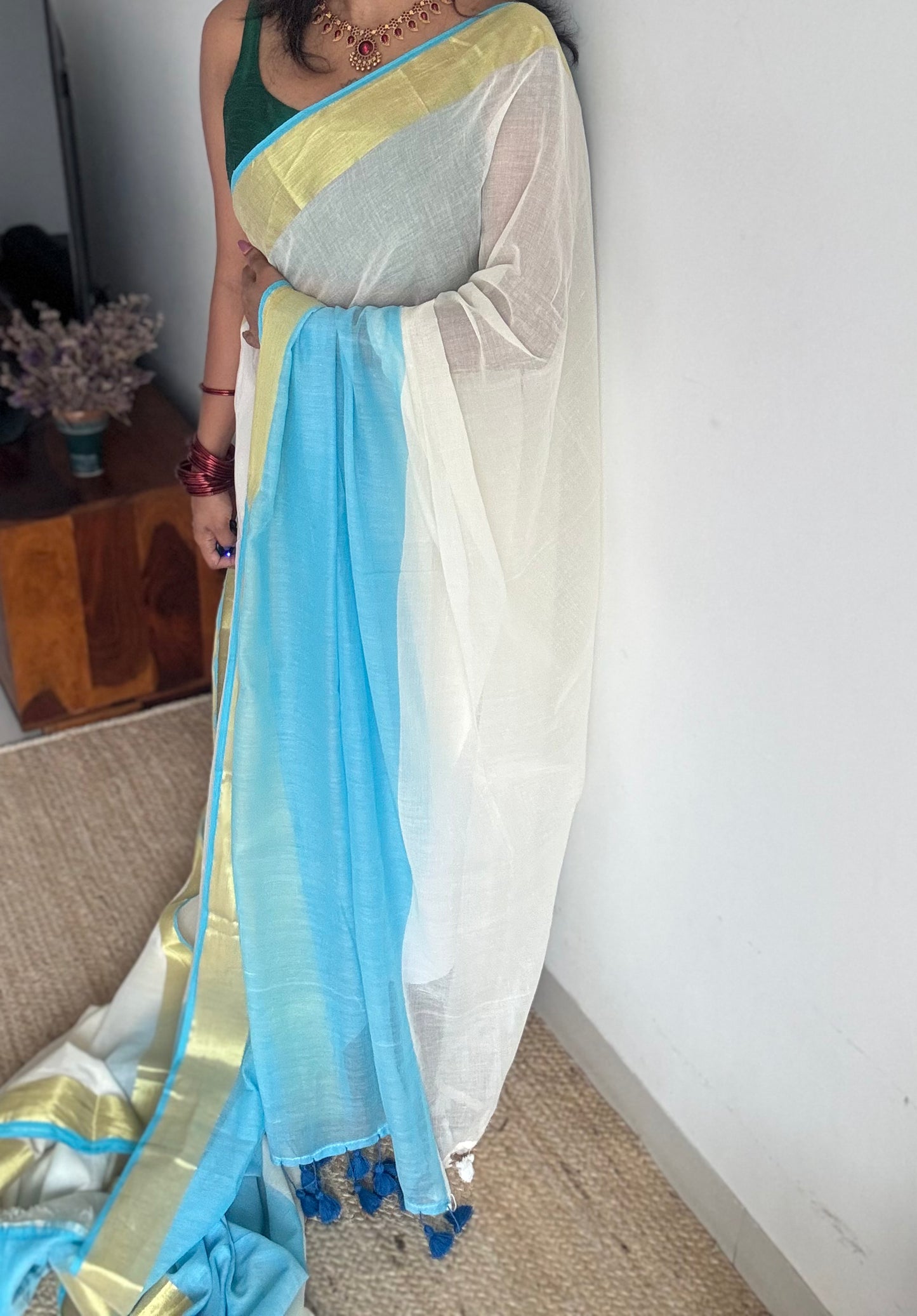 Ivory with dyed blue and antique gold zari border, mul cotton - YCON25BCM24