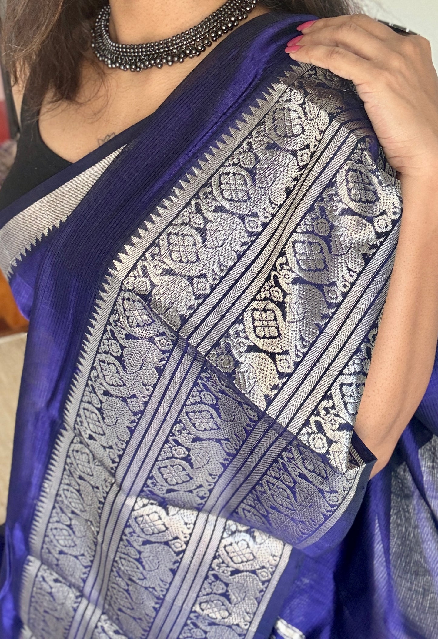 Violet with silver peacock woven zari border, mangalgiri silk cotton, handwoven, soft, light weight - YCWOTDMSCM02
