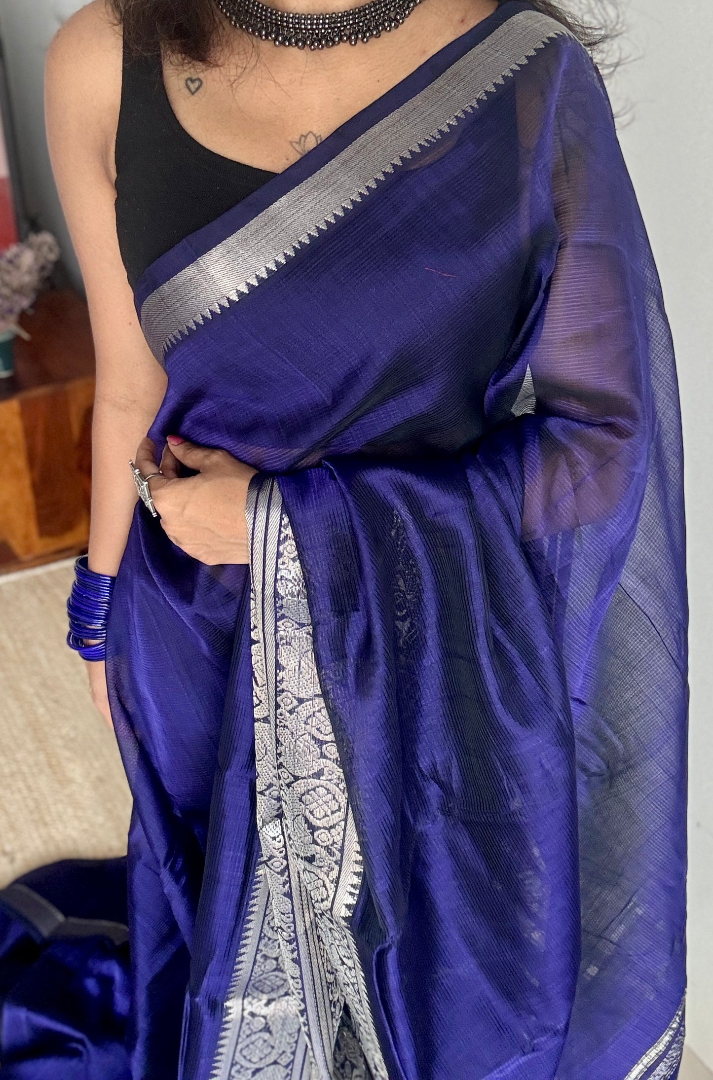 Violet with silver peacock woven zari border, mangalgiri silk cotton, handwoven, soft, light weight - YCWOTDMSCM02