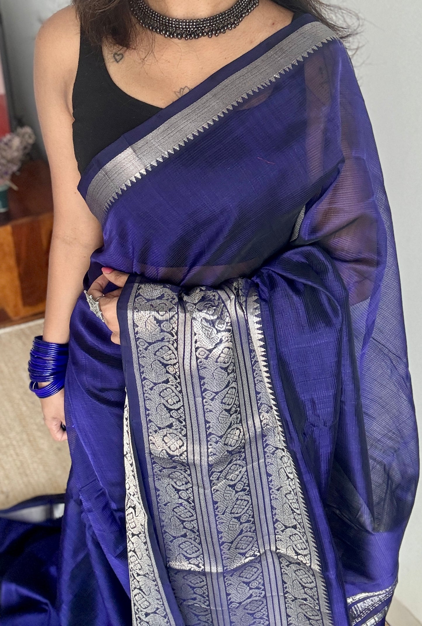 Violet with silver peacock woven zari border, mangalgiri silk cotton, handwoven, soft, light weight - YCWOTDMSCM02