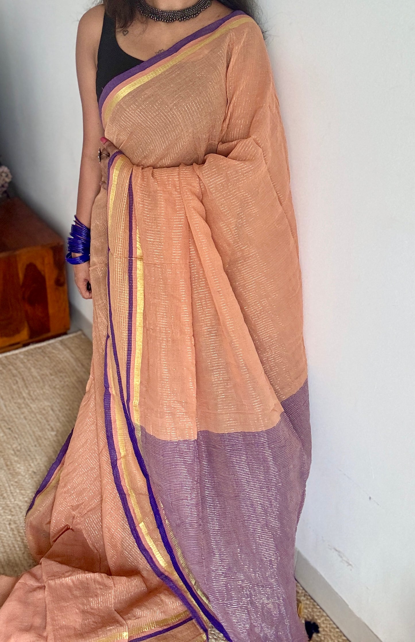 Light peach with violet,zari stripes, mul cotton YCBCMCM08
