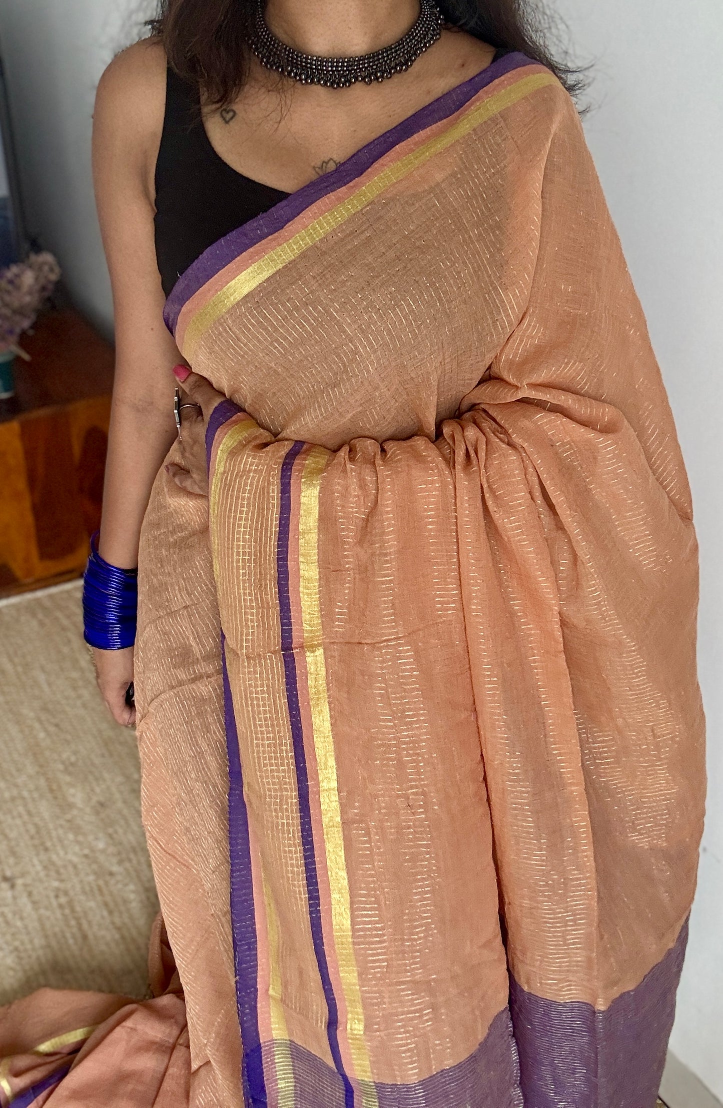 Light peach with violet,zari stripes, mul cotton YCBCMCM08