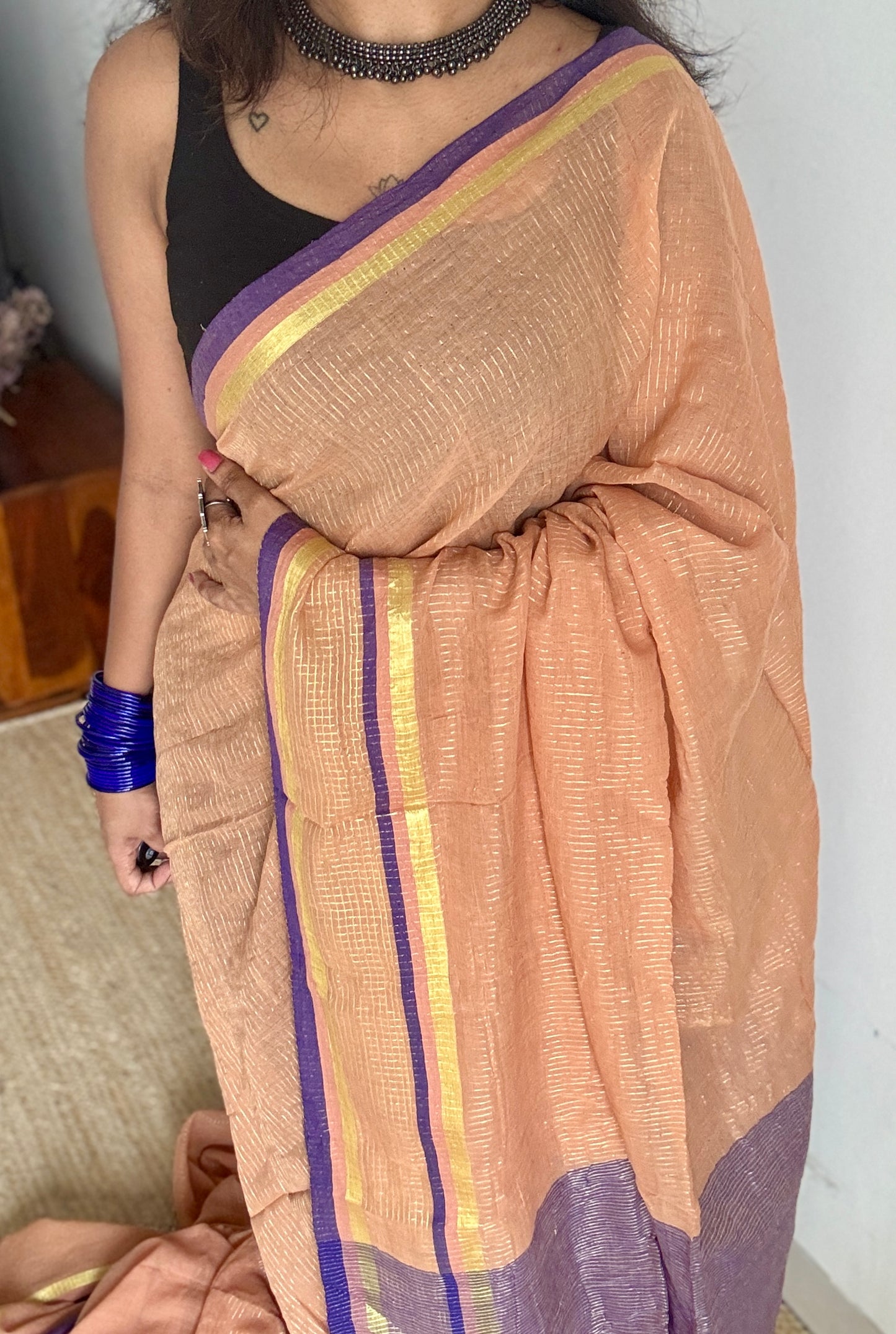 Light peach with violet,zari stripes, mul cotton YCBCMCM08