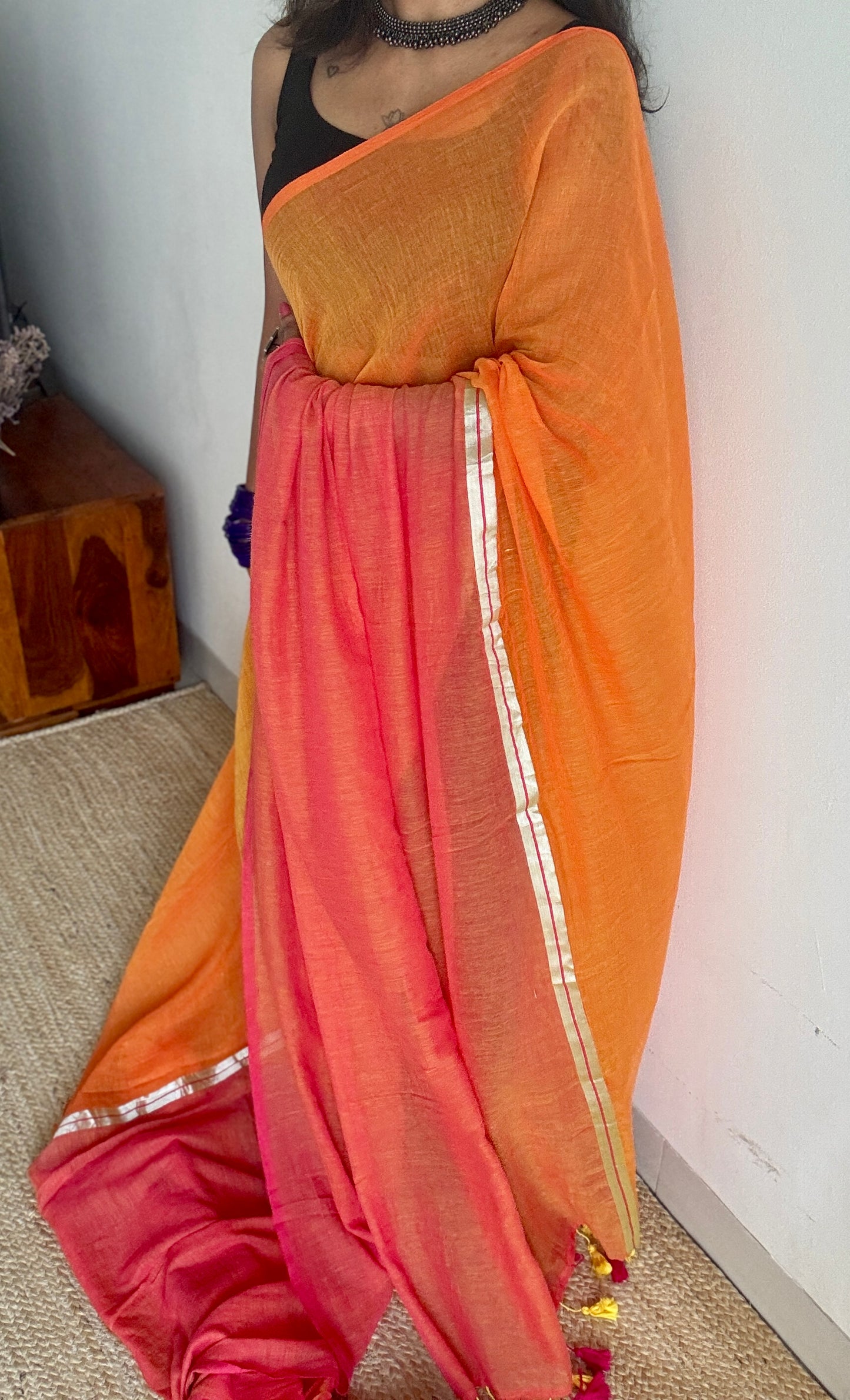 Light orange with watermelon pink, mul cotton YCBCMCM09
