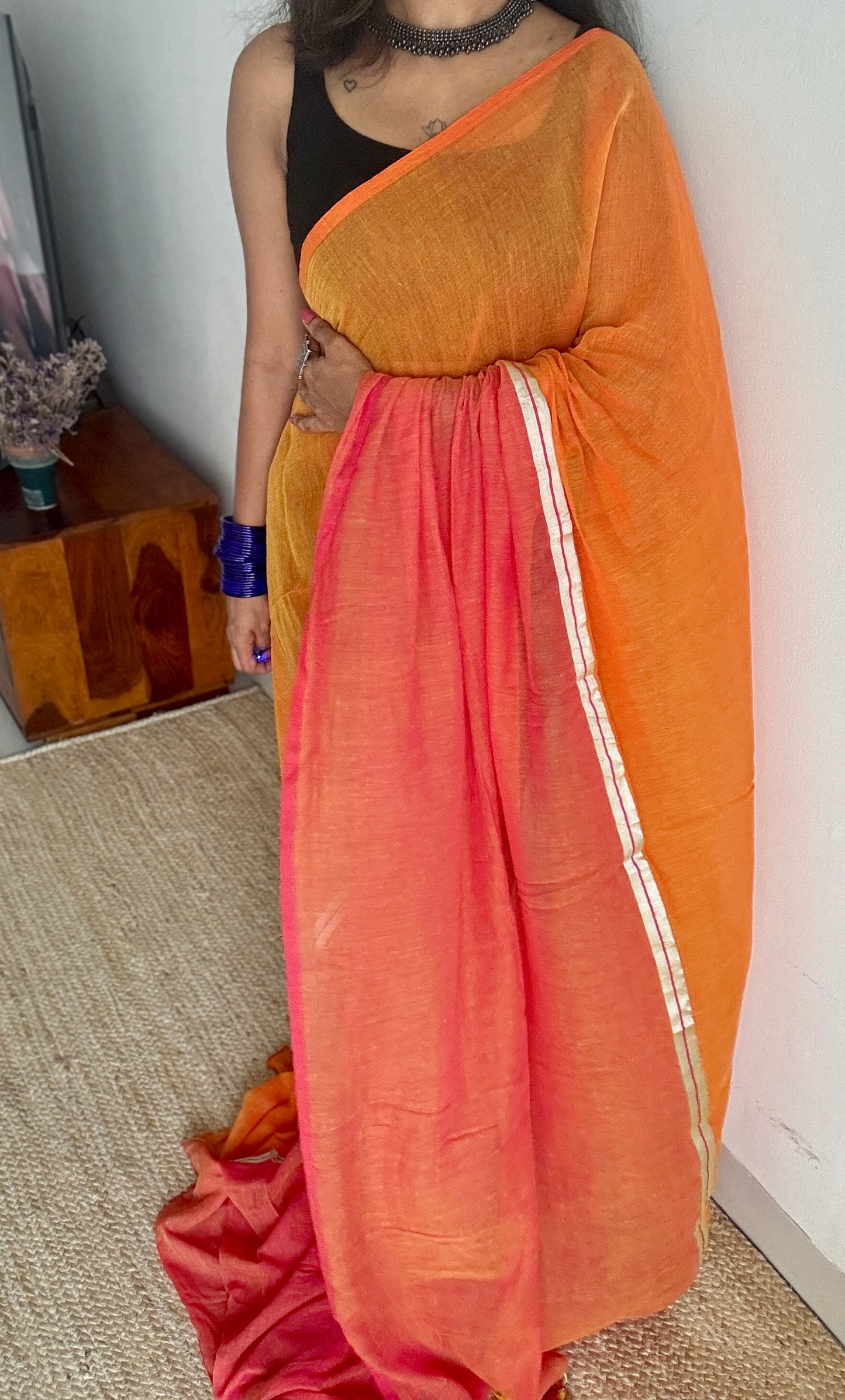 Light orange with watermelon pink, mul cotton YCBCMCM09