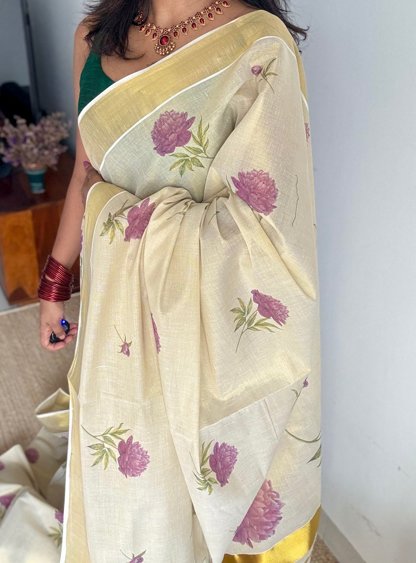 Ivory Kerala Cotton Tissue, Floral Print - YCONKCT220