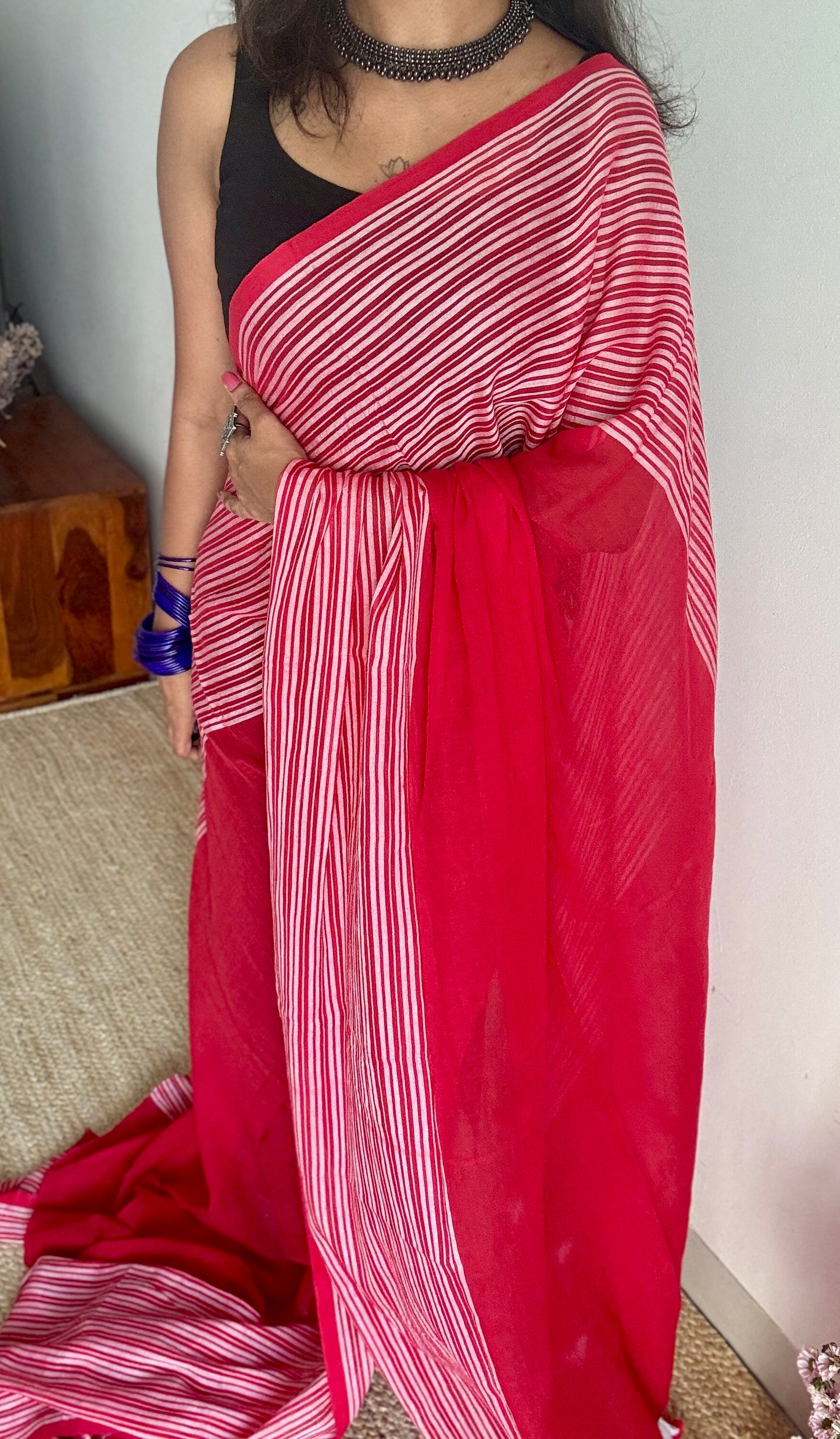 Red with white striped borders, mul cotton YCBCMCM04